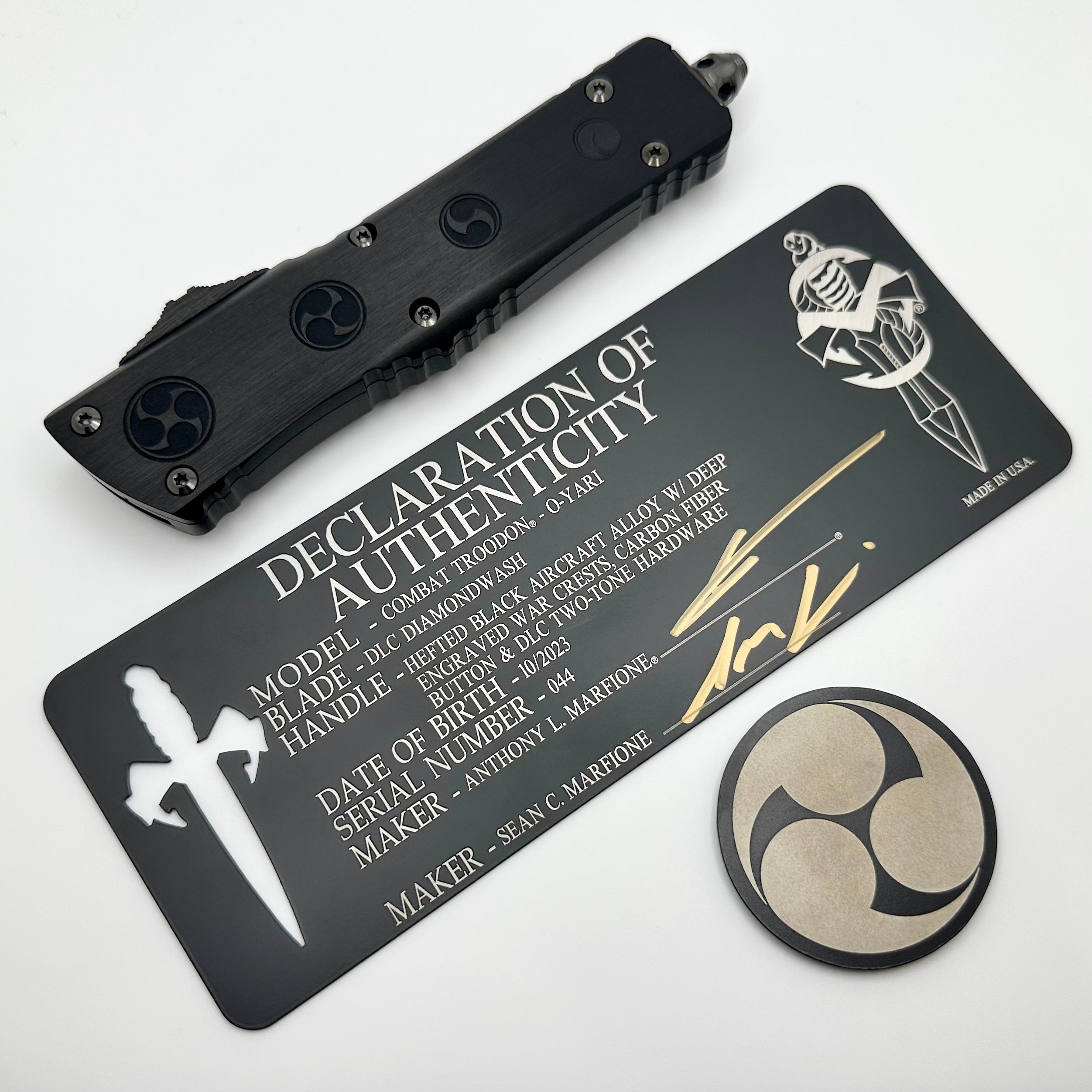 Premium Marfione Combat Troodon O-Yari DLC Double Edge Knife with Carbon Fiber & Engraved War Crests