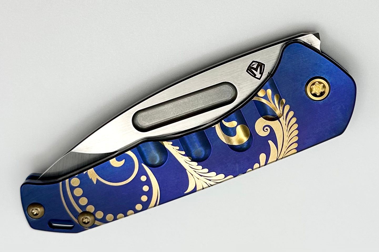 Medford Praetorian Slim Tumbled S45VN Drop Point - Premium Blue Filigree & Bronze Hardware