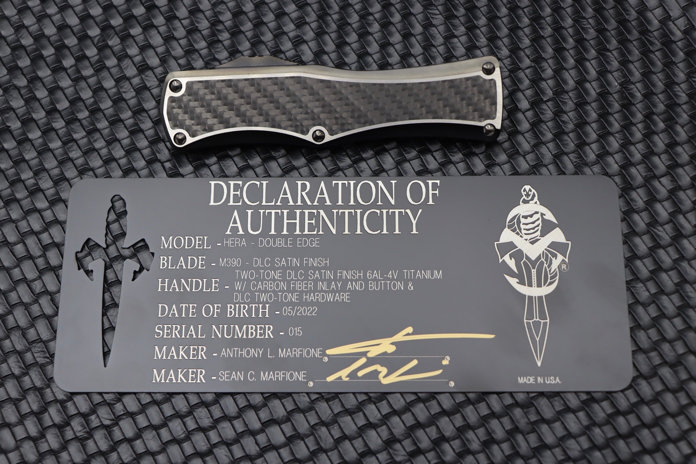 Marfione Hera DLC Satin Tactical Knife - Premium Titanium Handle with Carbon Fiber Inlays