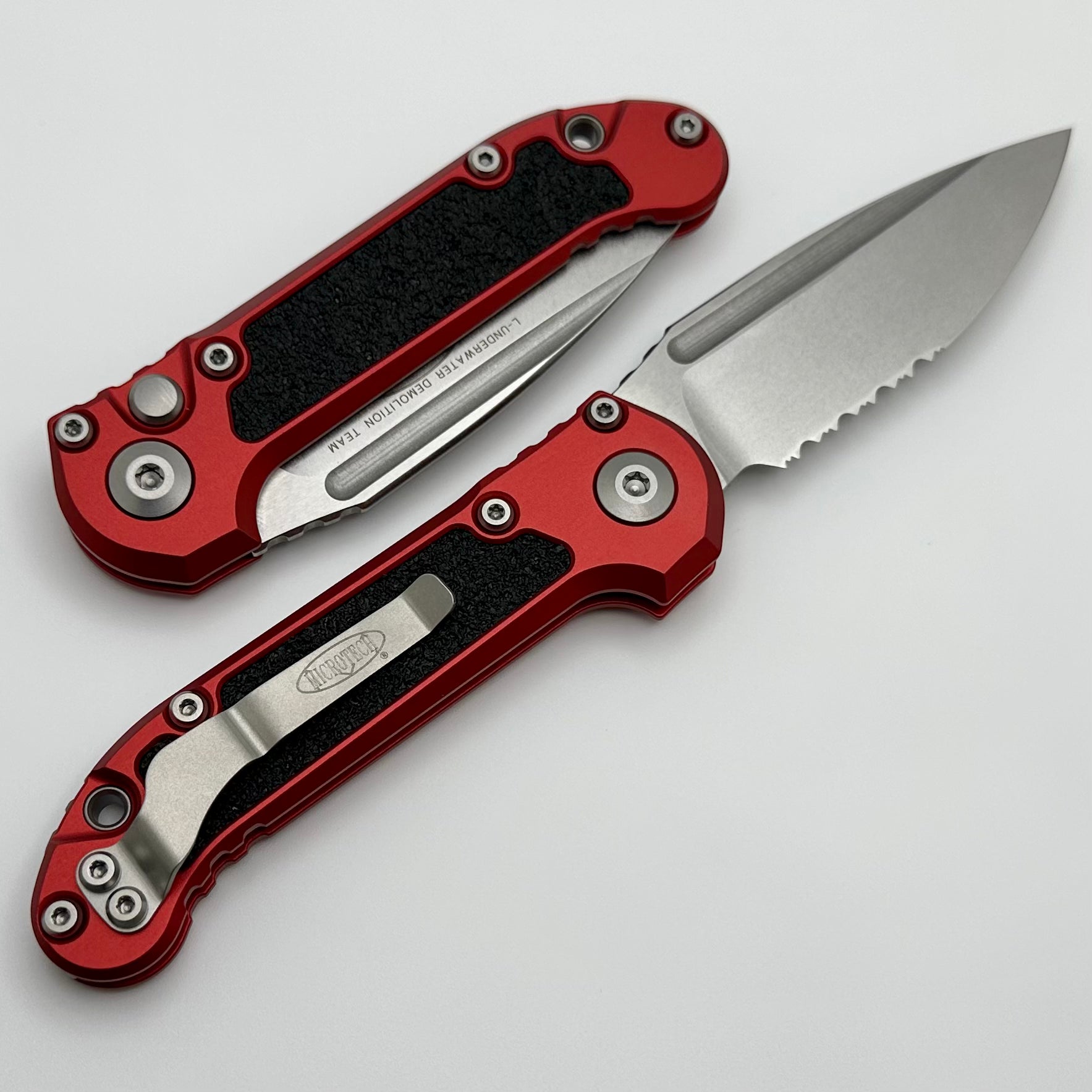 Microtech LUDT Gen III Ultimate Tactical Knife - Red Aluminum Handle, Partial Serrated Drop Point