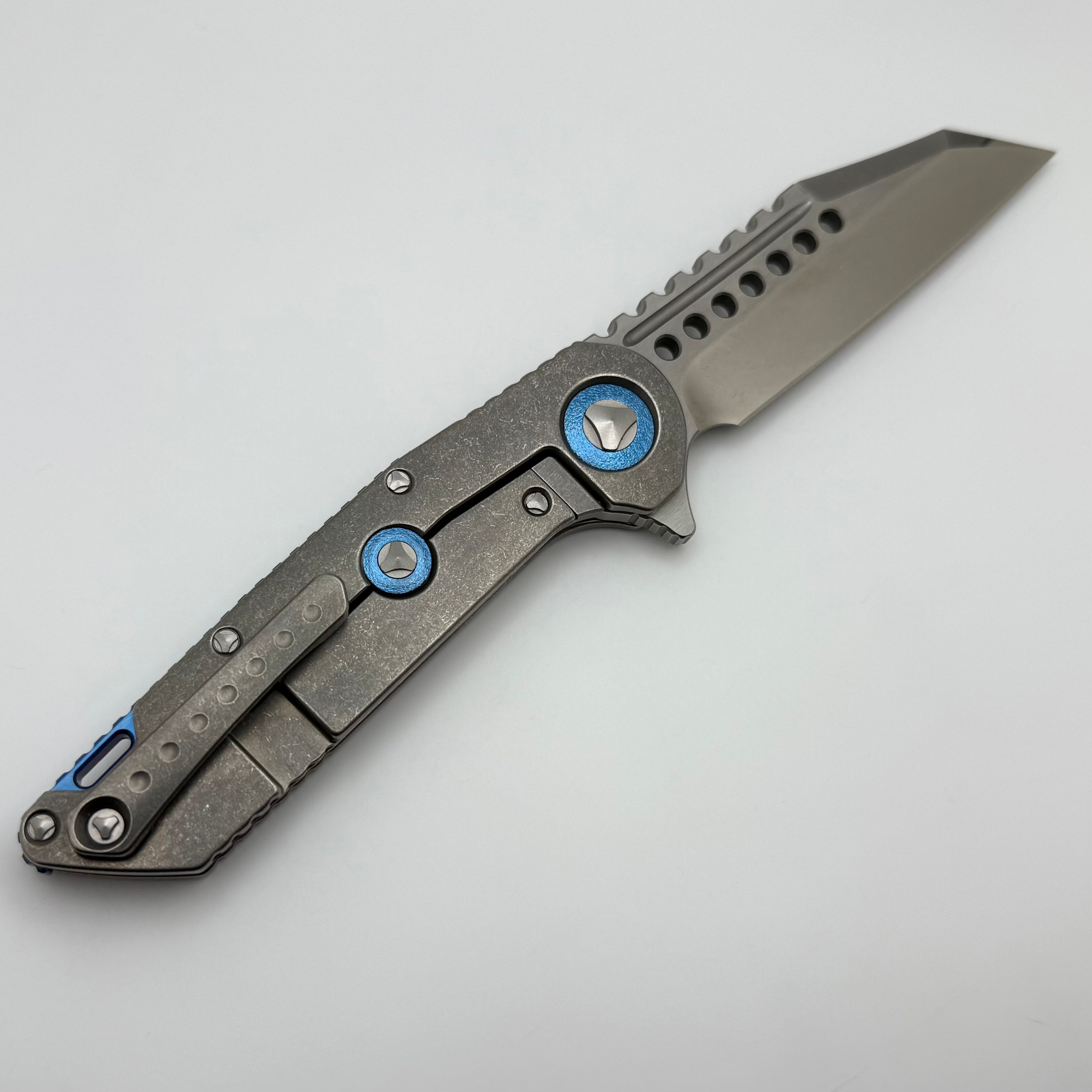 Premium Pre-Owned Marfione Custom Warhound Knife - Titanium Stonewash Finish with CTS-204P Blade & Blue Accents