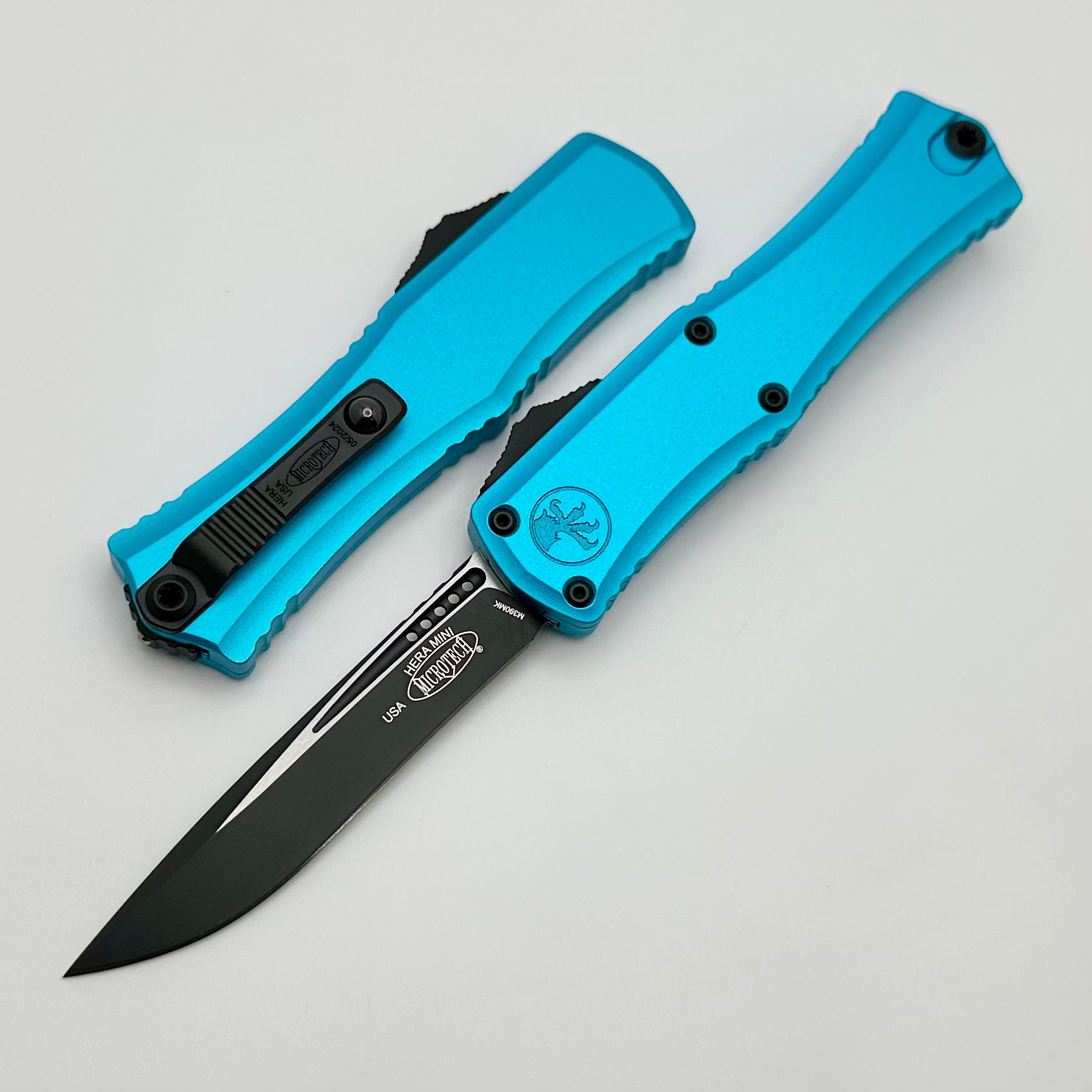 Microtech Mini Hera Premium OTF Knife - Black Recurve Blade with Turquoise Handle