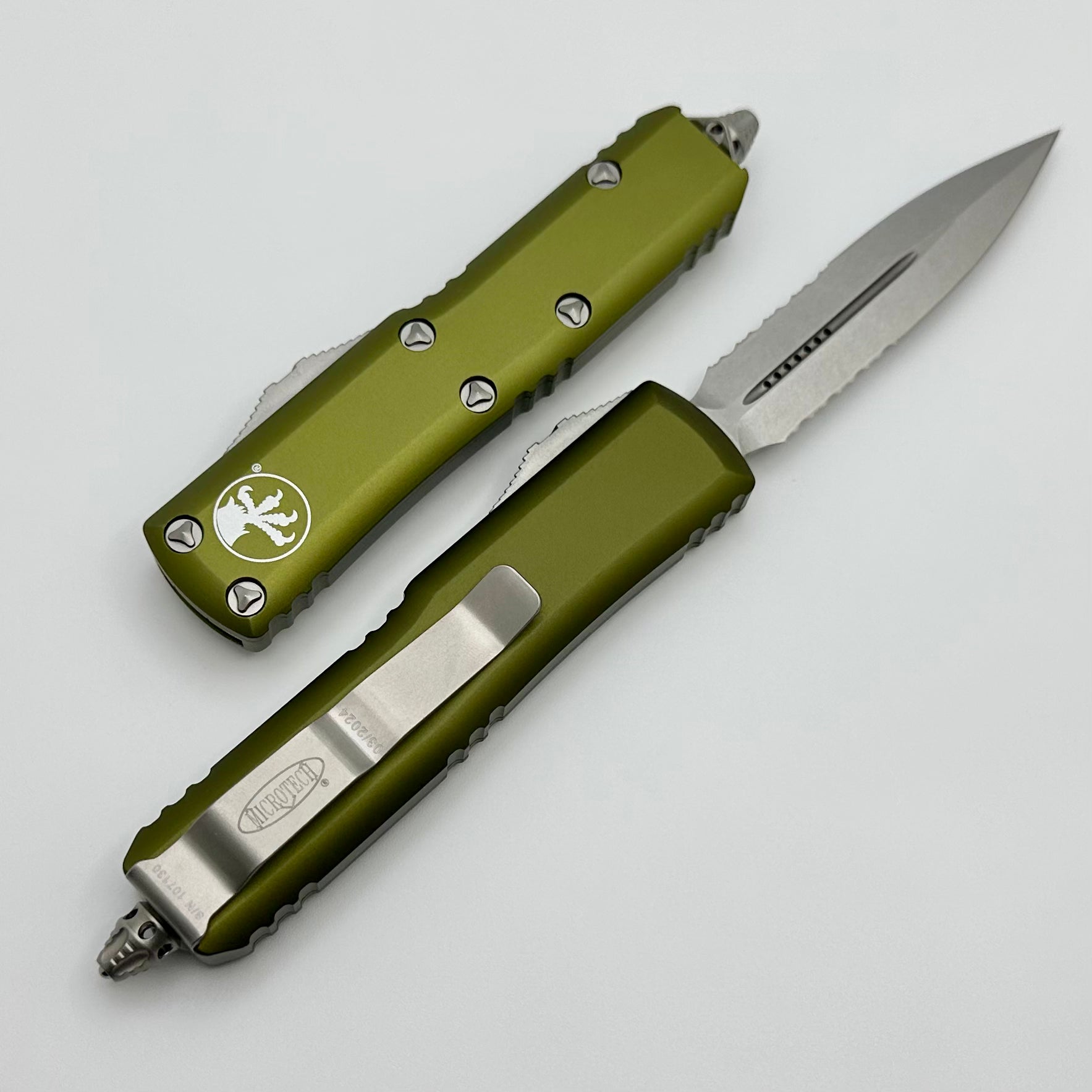 Microtech UTX-85 Premium EDC Knife - Double Edge Stonewash, Partial Serrated, OD Green