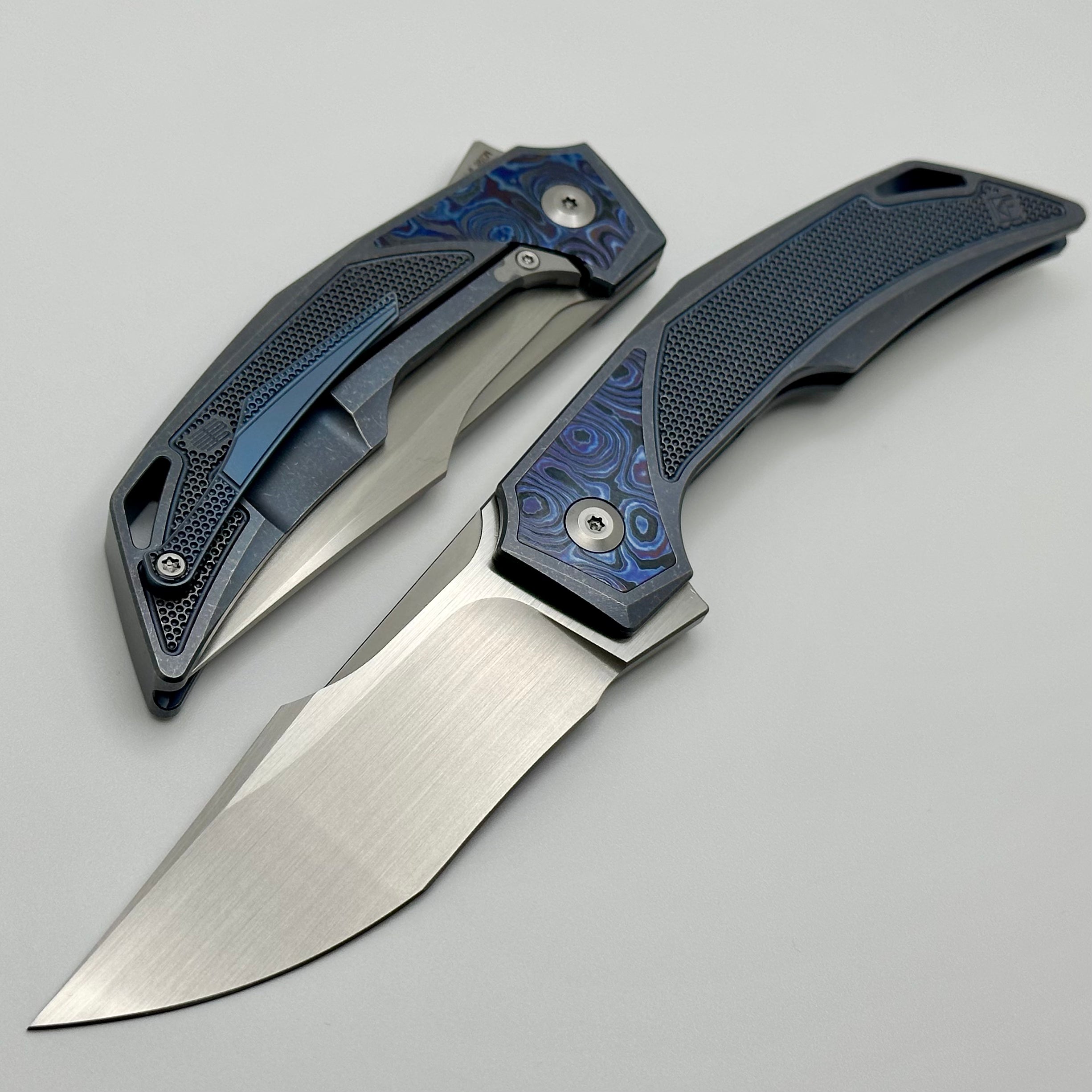 Premium Custom Knife Factory Justice EDC - Blue Tumble w/ ZircuTi & M398 Blade