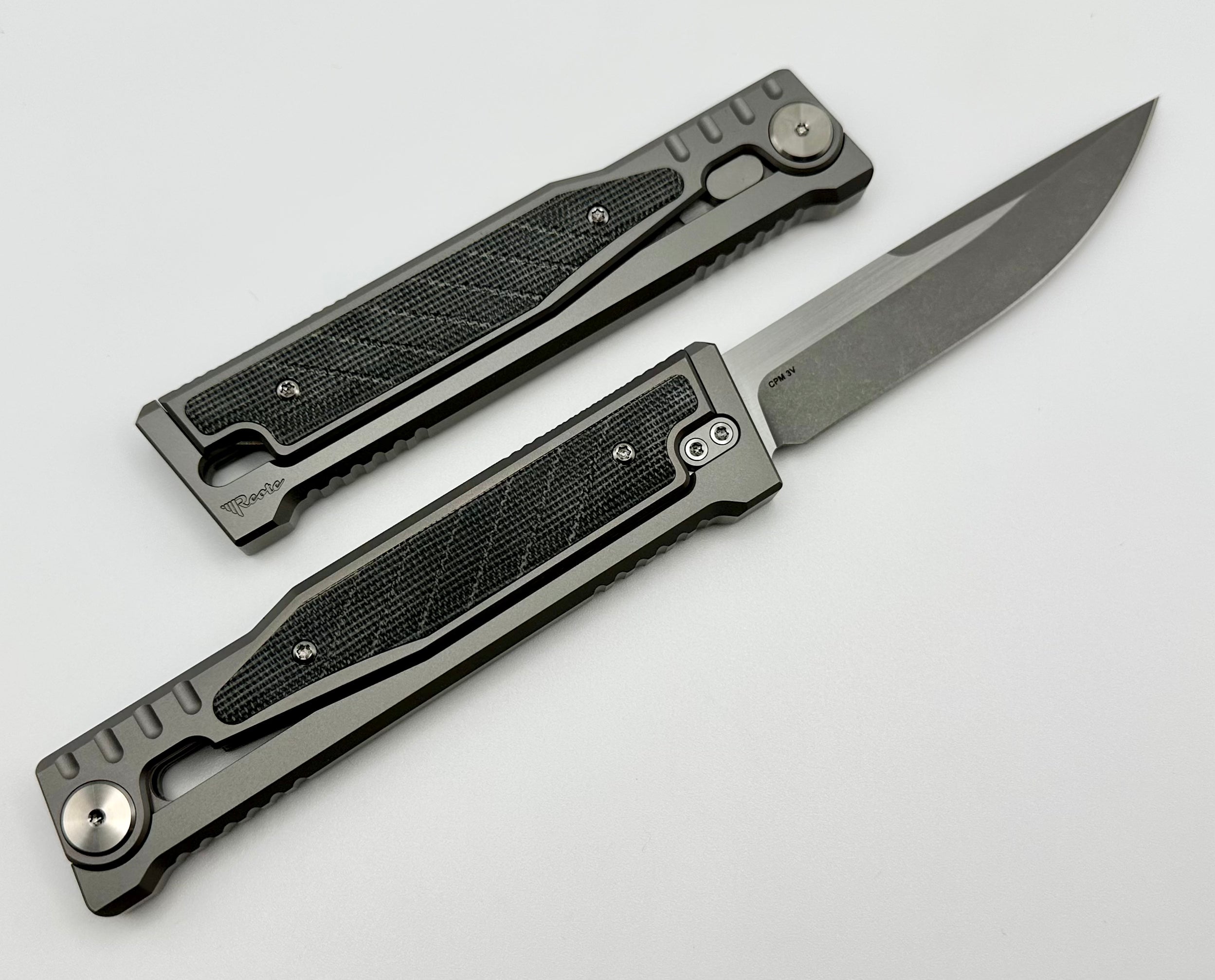 Reate EXO Premium Exoskeleton Titanium Folding Knife - Black Micarta & CPM-3V Drop Point Blade