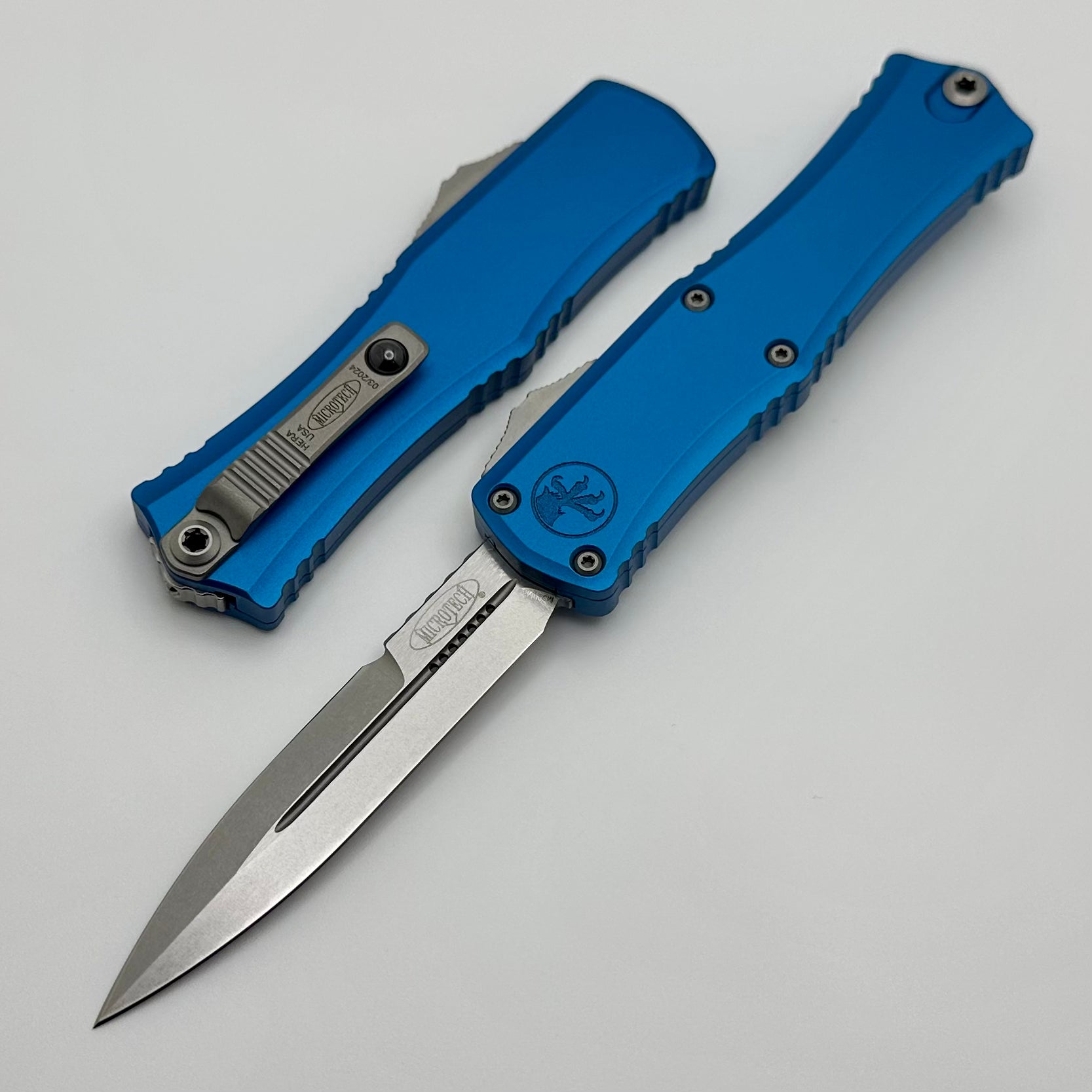 Microtech Mini Hera OTF Knife - Premium Stonewash Bayonet with M390MK Steel & Blue Aluminum Handle