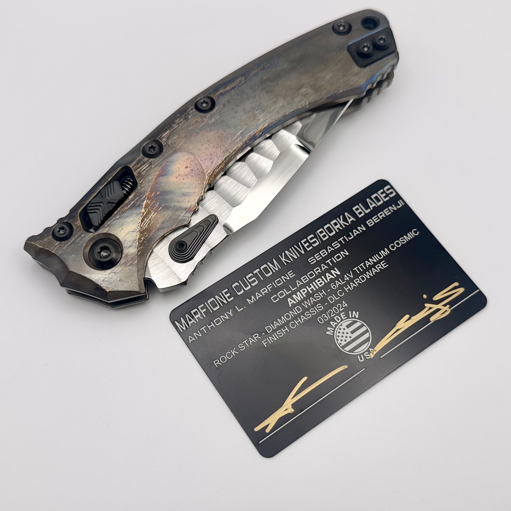 Marfione Custom Knives & Borka Blades Amphibian RAM-LOK - Premium M390 Blade & Cosmic Titanium with DLC Two-Tone Hardware