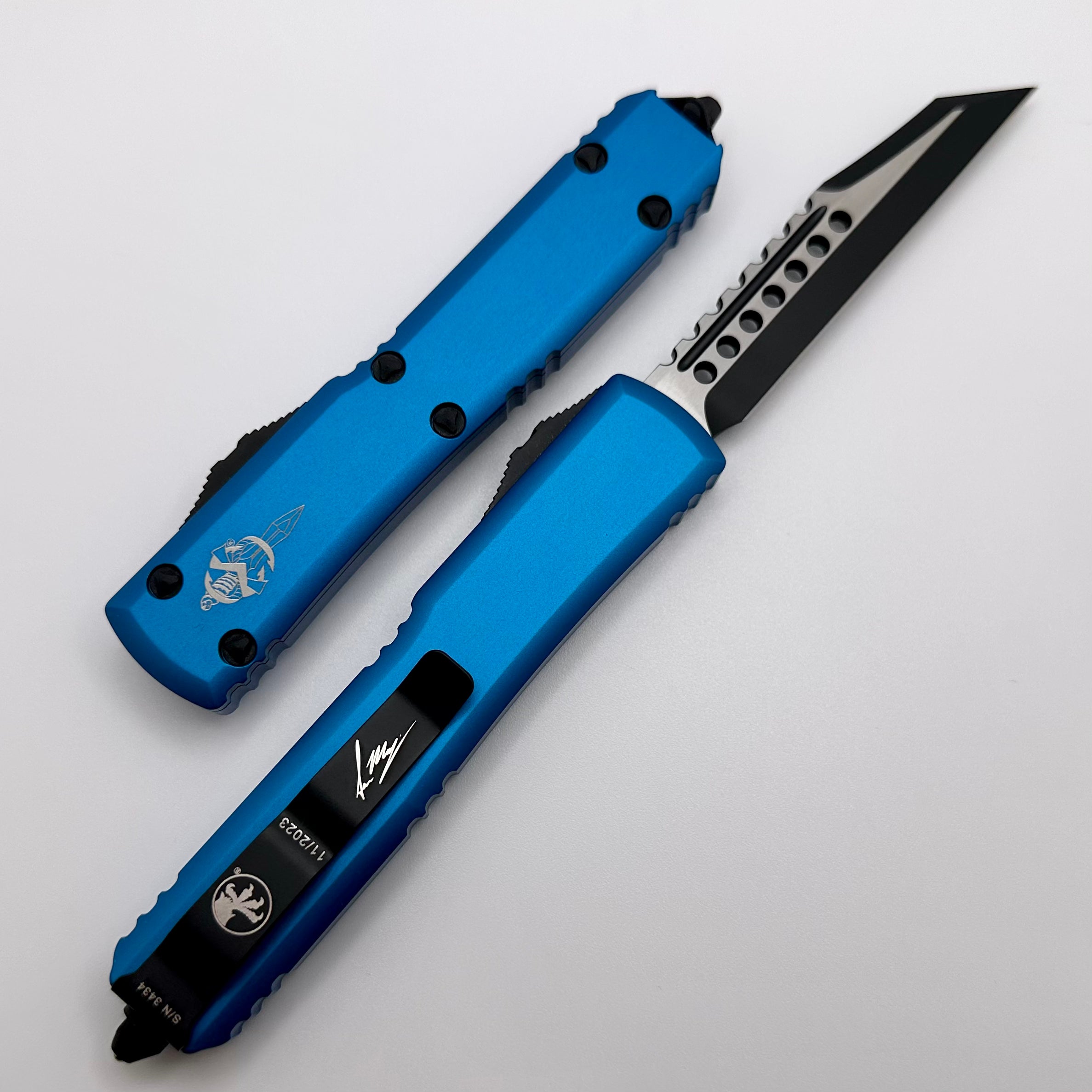 Microtech Ultratech Premium OTF Knife - Black Warhound Blue Signature Series