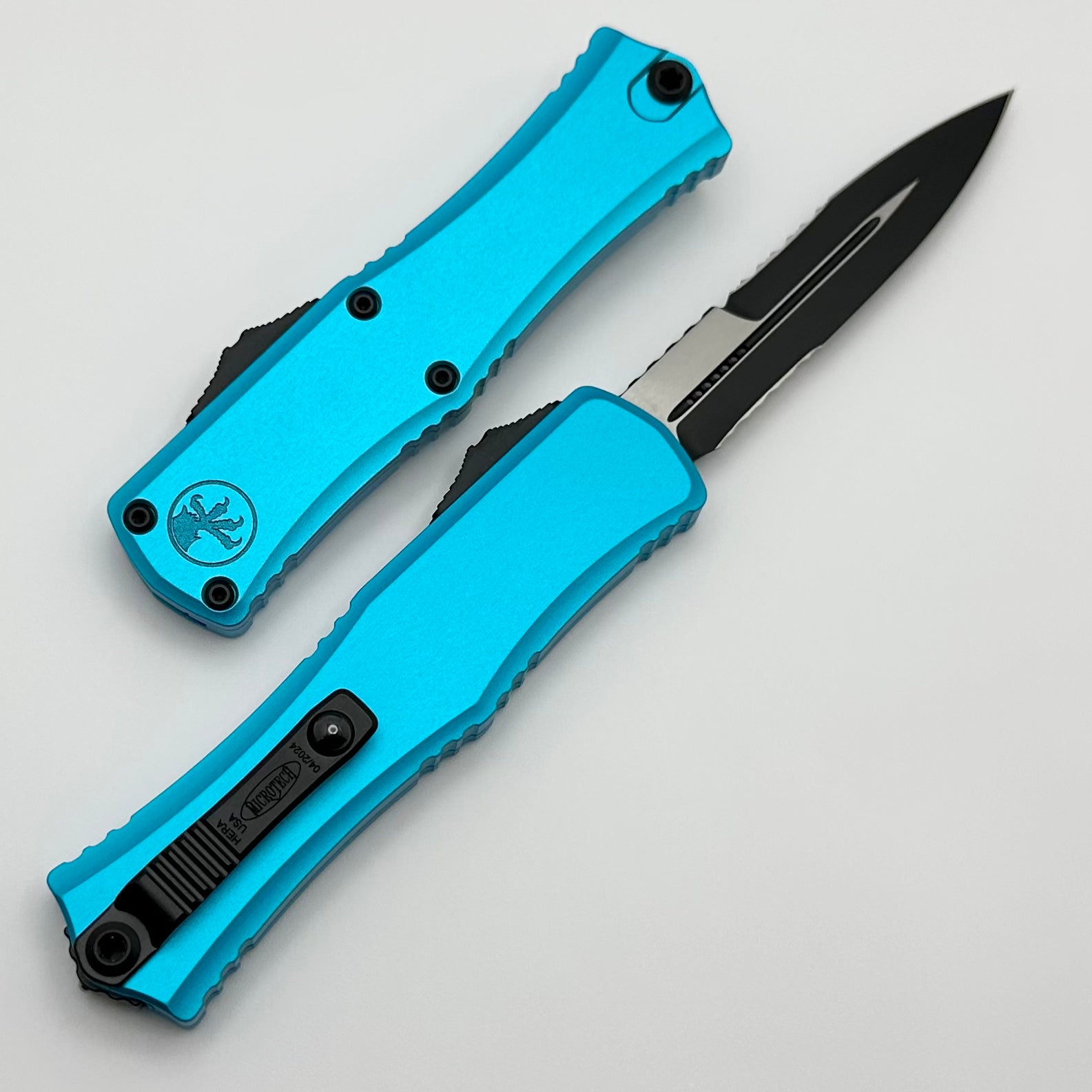 Premium Microtech Mini Hera OTF Knife - Turquoise with Partial Serrated Blade