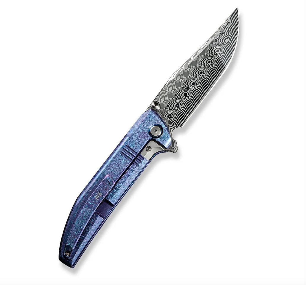 WE Knife Ezinta Flipper: Premium Crystalized Blue/Purple Titanium Integral Handle with Damasteel Blade