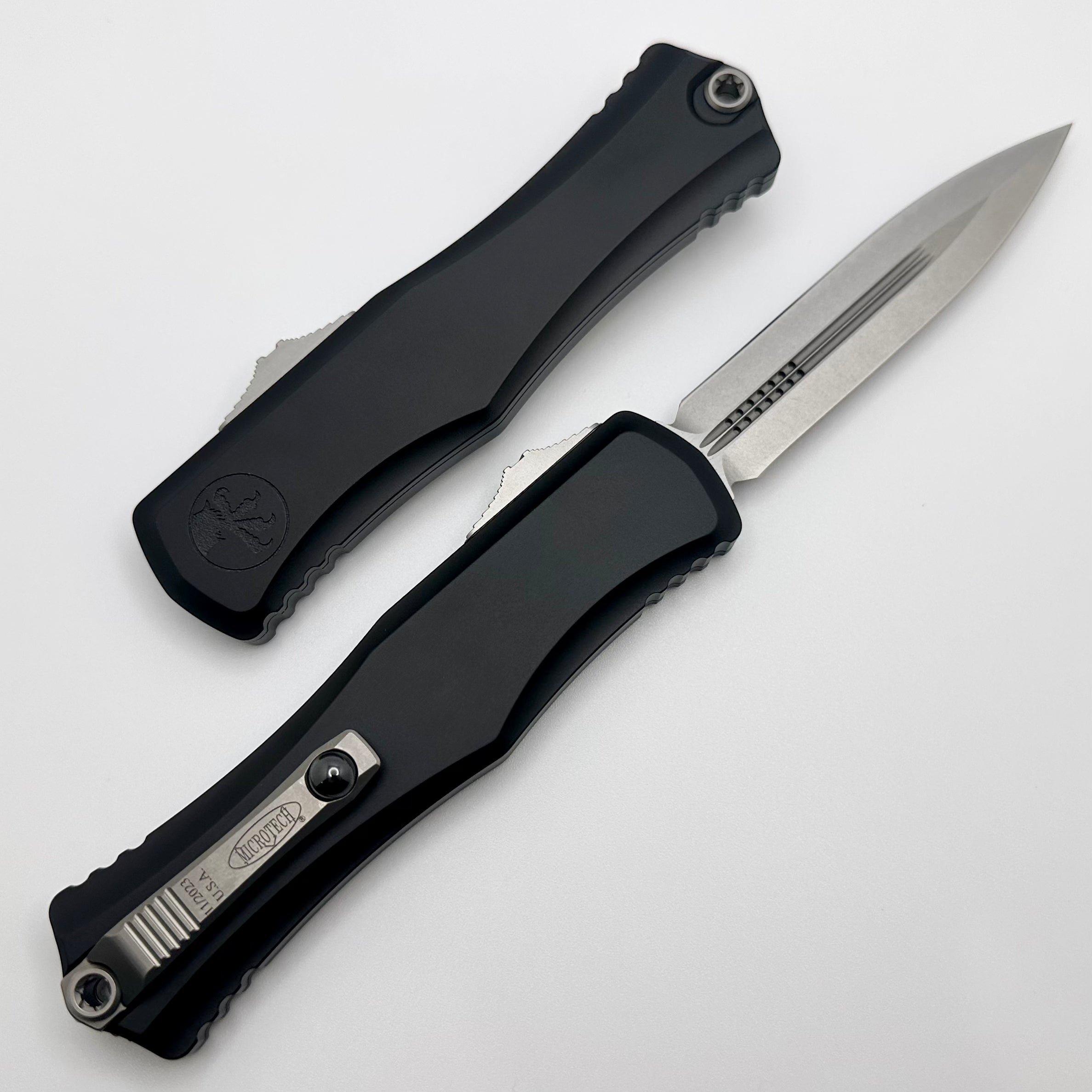 Microtech Hera II Ultimate OTF Knife - Stonewash Double Edge with Black Aluminum Handle