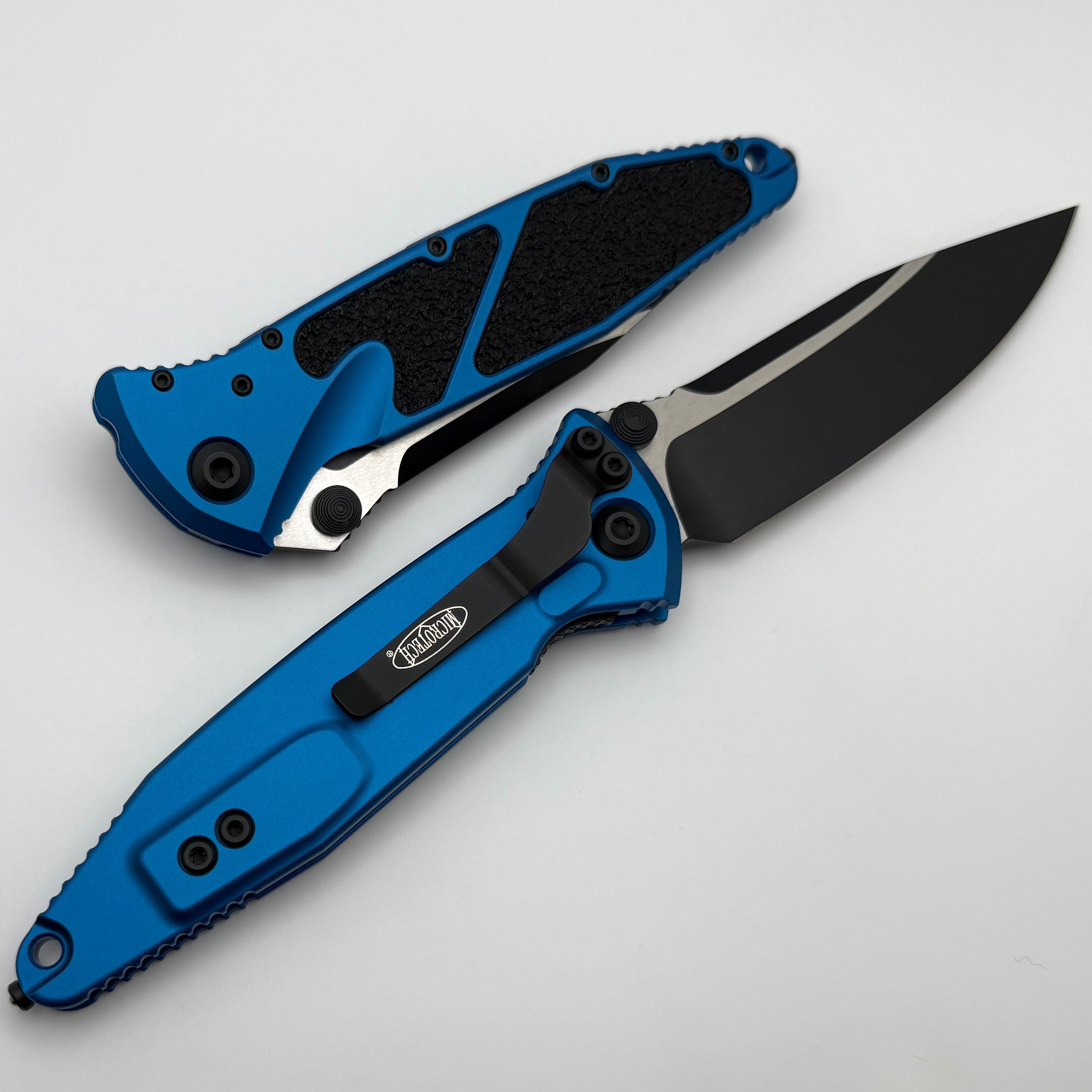 Microtech Socom Elite Manual Tactical Knife - Black Blade, Blue Handles