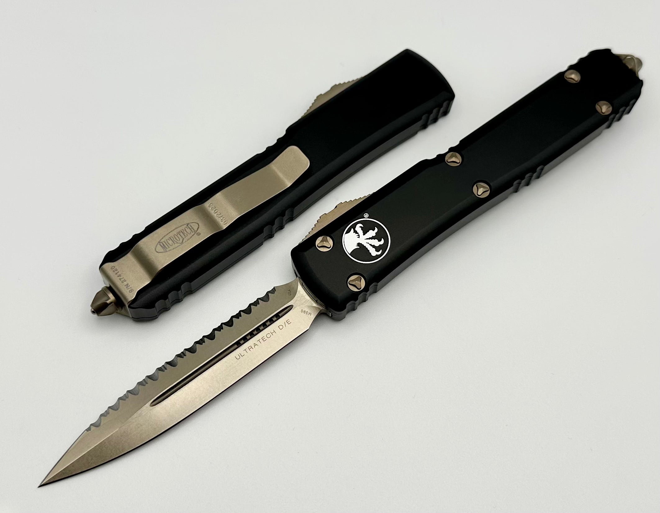 Premium Microtech Ultratech Black Double Edge Knife - Full Serrated Bronze & Black