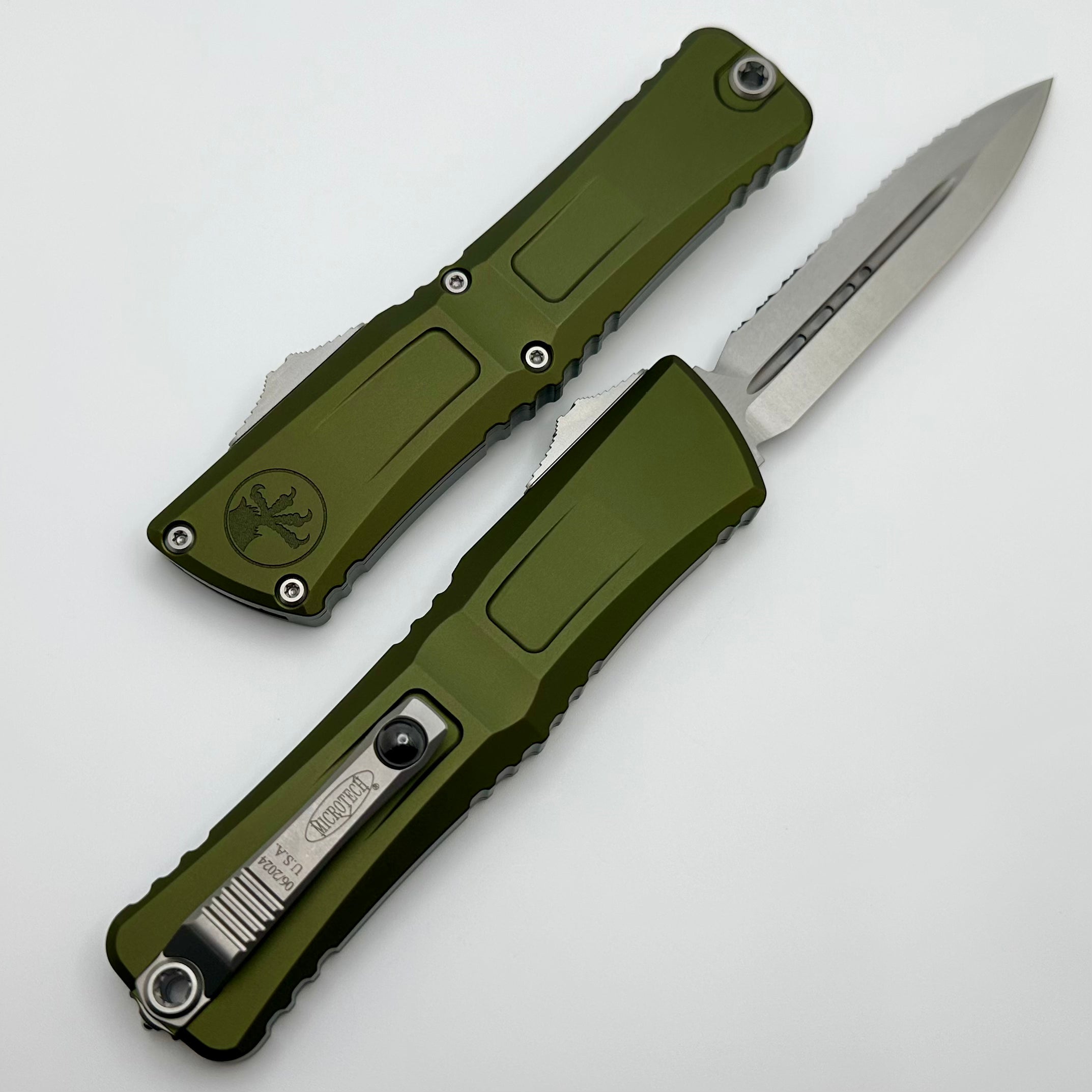 Microtech Combat Troodon Gen III Premium Tactical Knife - OD Green Handle, Full Serrated Double Edge