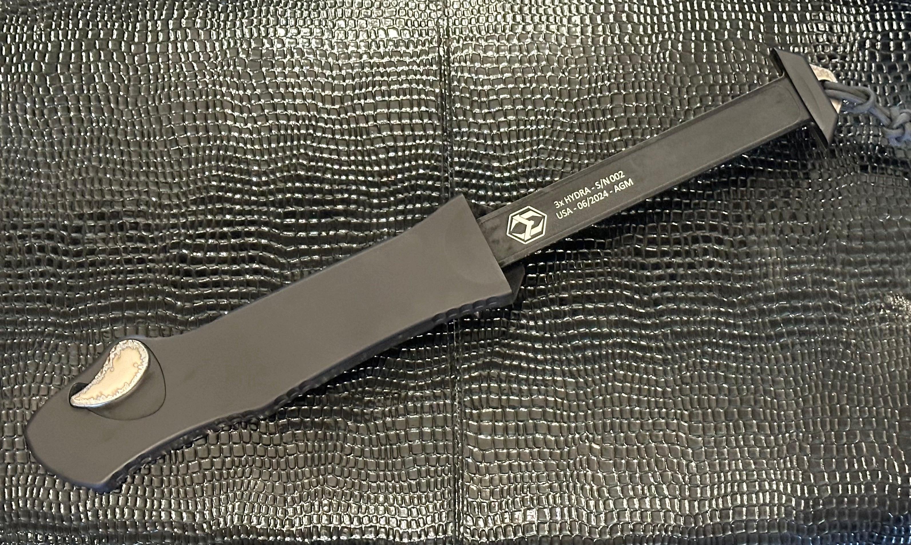 Heretic Giant Hydra 3X Premium Tactical Knife - Custom Black Aluminum Handle & Stonewash Recurve M390 Blade with Flamed Accents