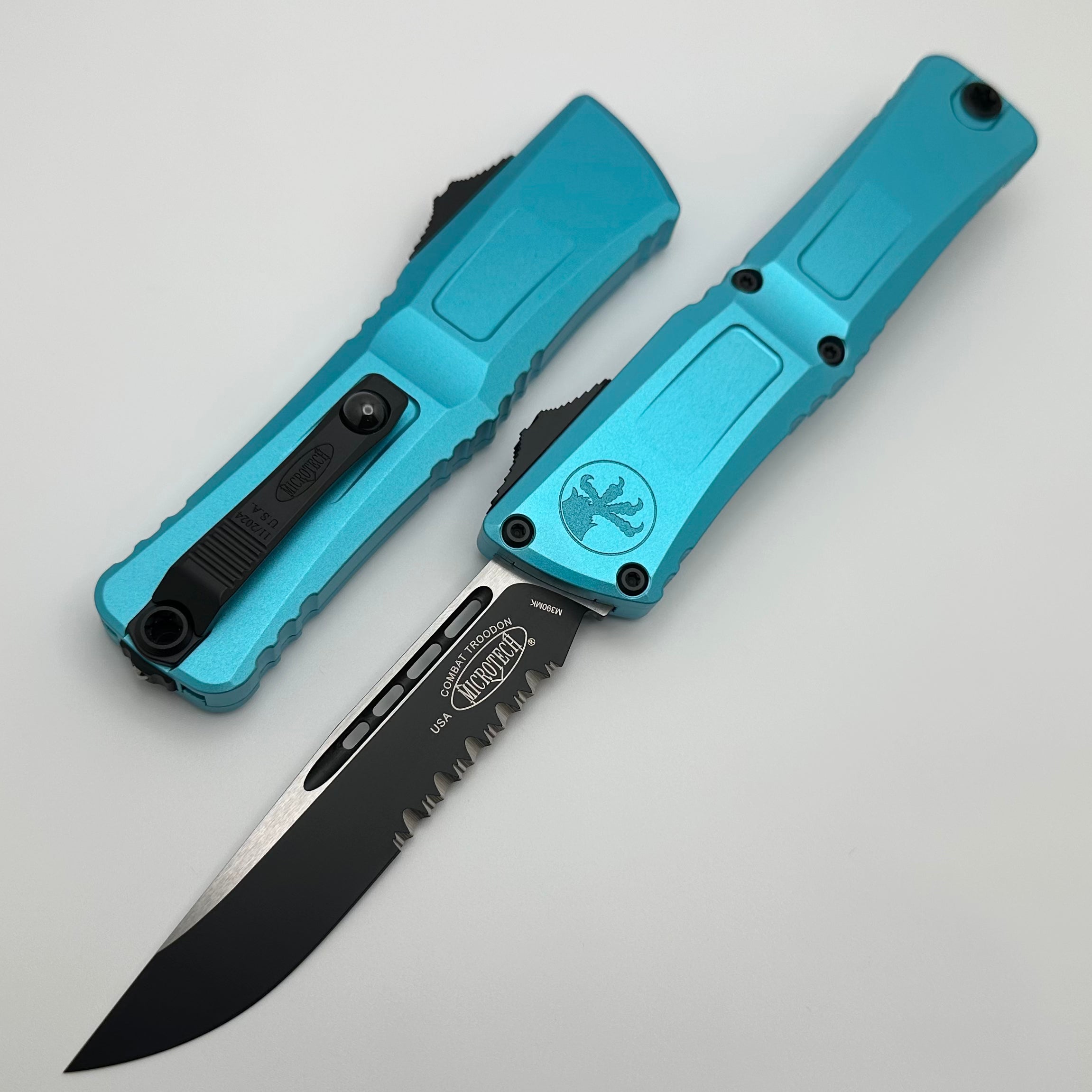 Premium Microtech Combat Troodon Gen III Tactical Knife - Black Partial Serrated Blade with Turquoise Handle