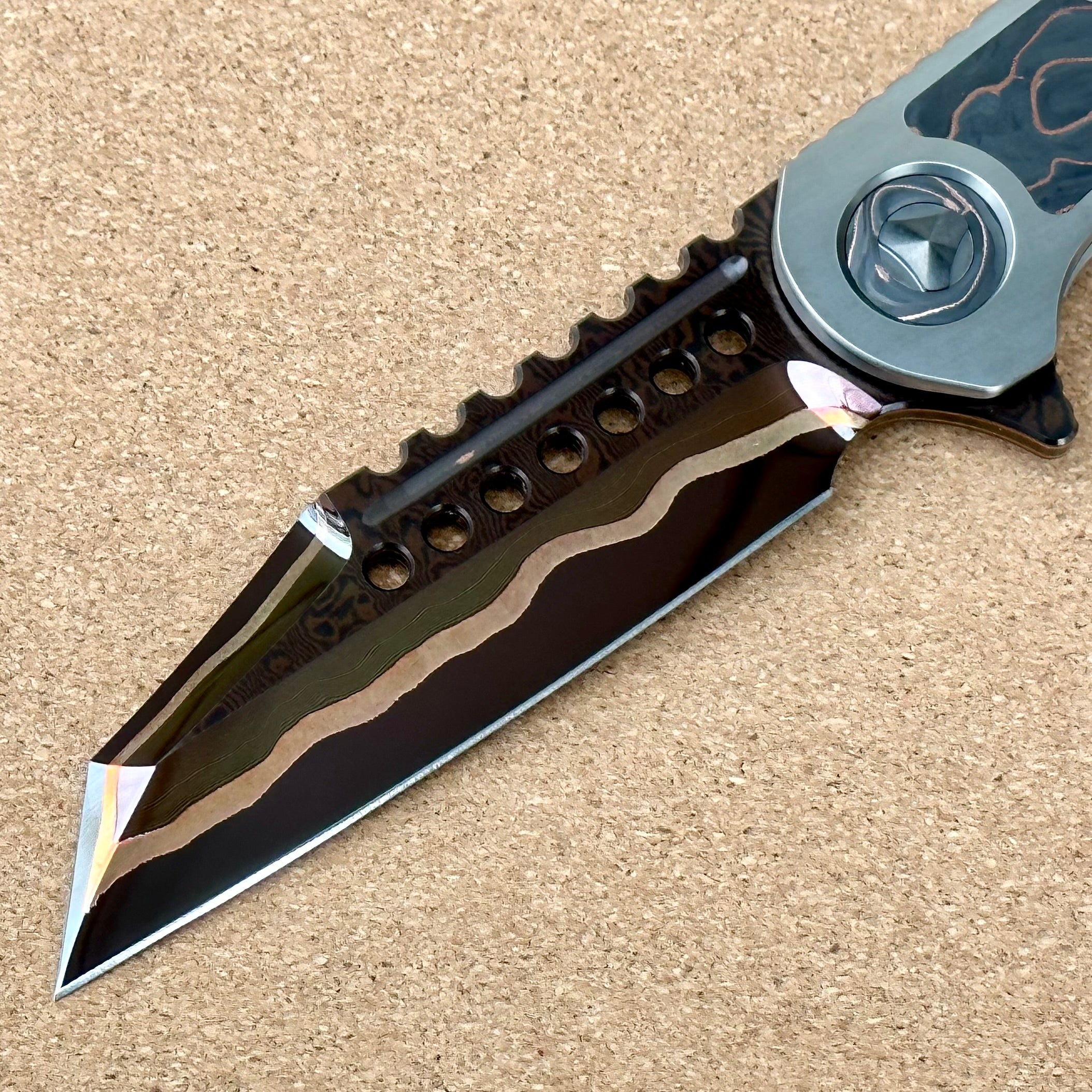 Marfione Custom Warhound Titanium Damascus Knife with Copper Carbon Fiber Inlay