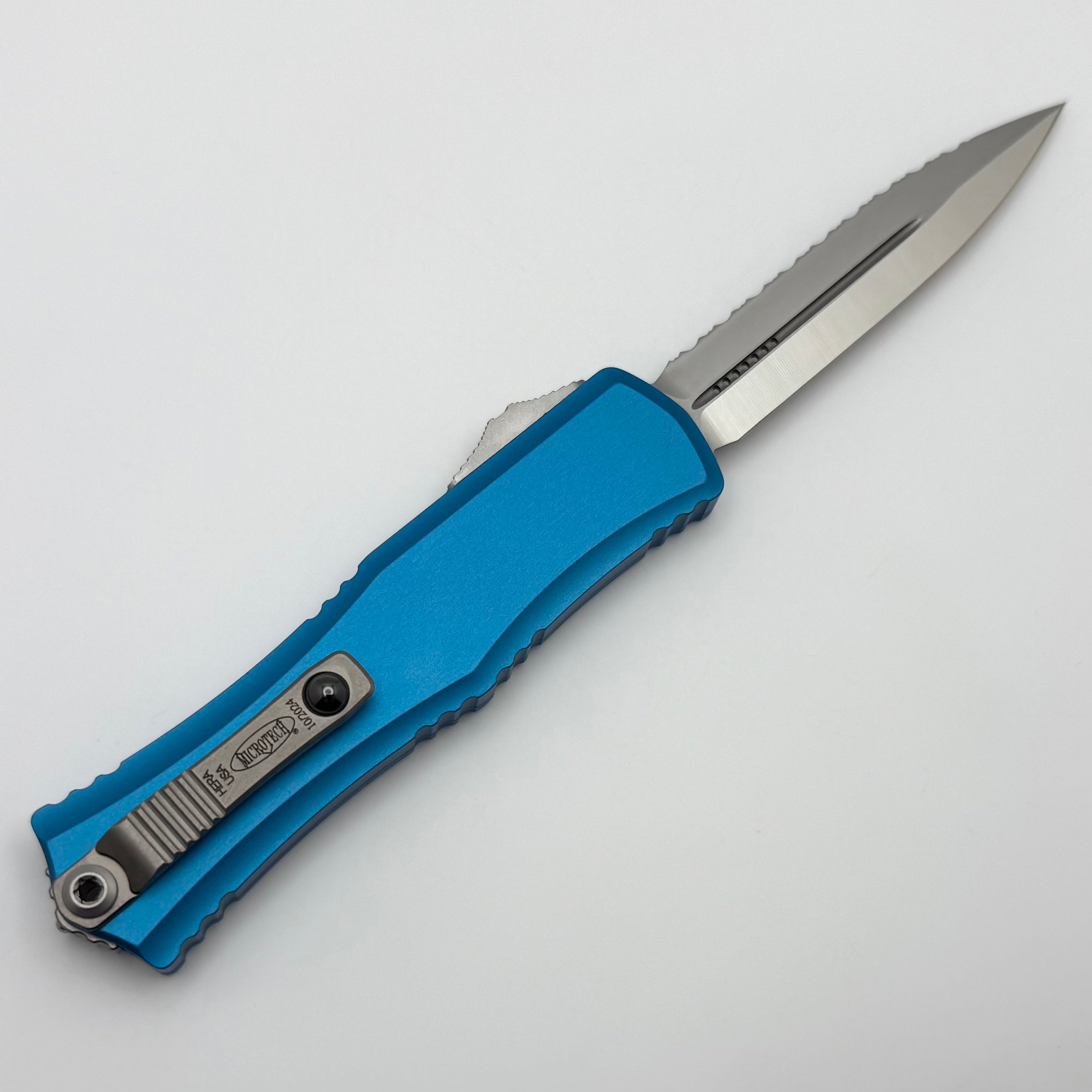 Microtech Mini Hera Satin D/E Serrated EDC Knife - M390MK Steel, Blue Aluminum Handle