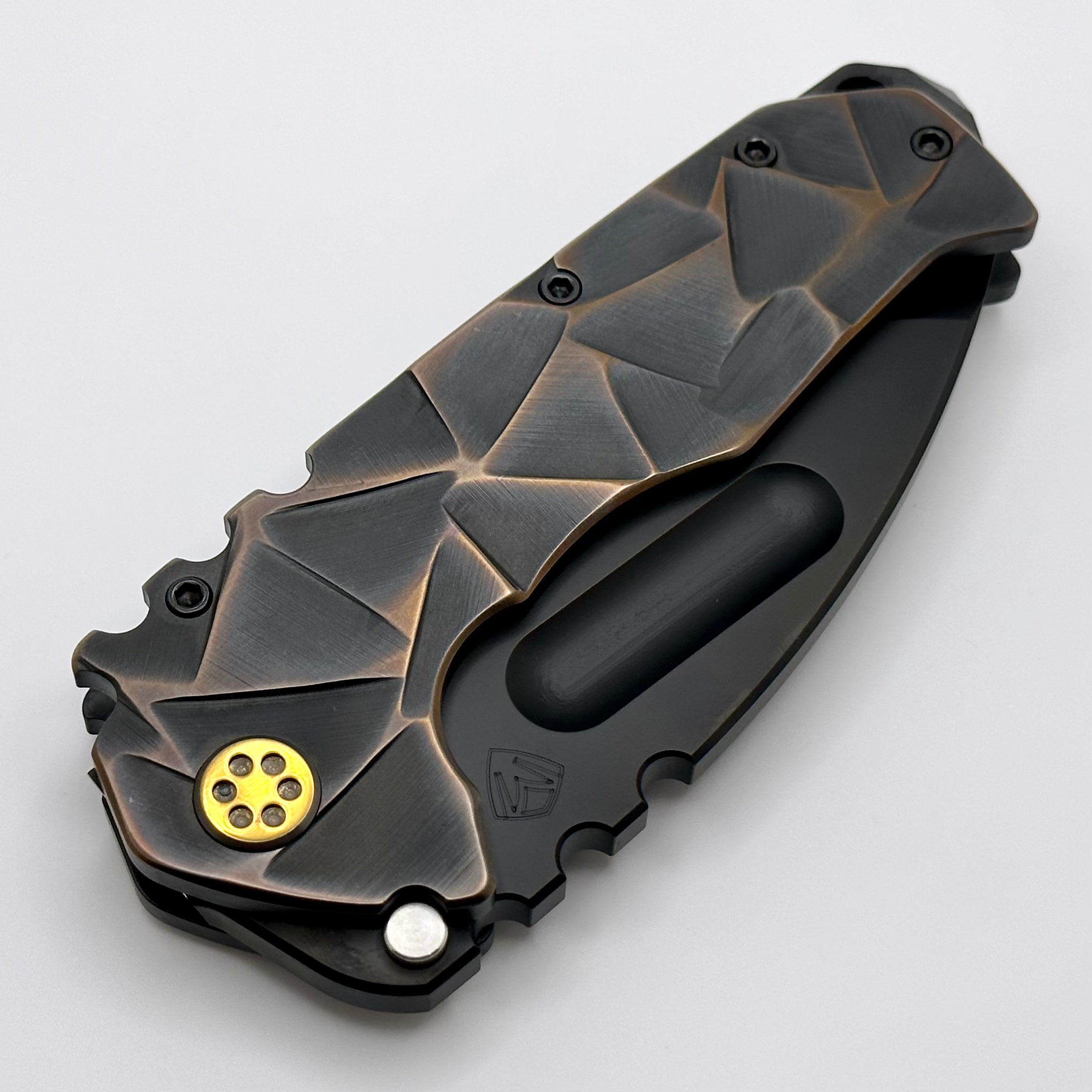 Medford Knife Praetorian TI PVD 3V Tanto - Premium Tactical Folding Knife with Cement Brushed Bronze Flats & Stained Glass Sculpting