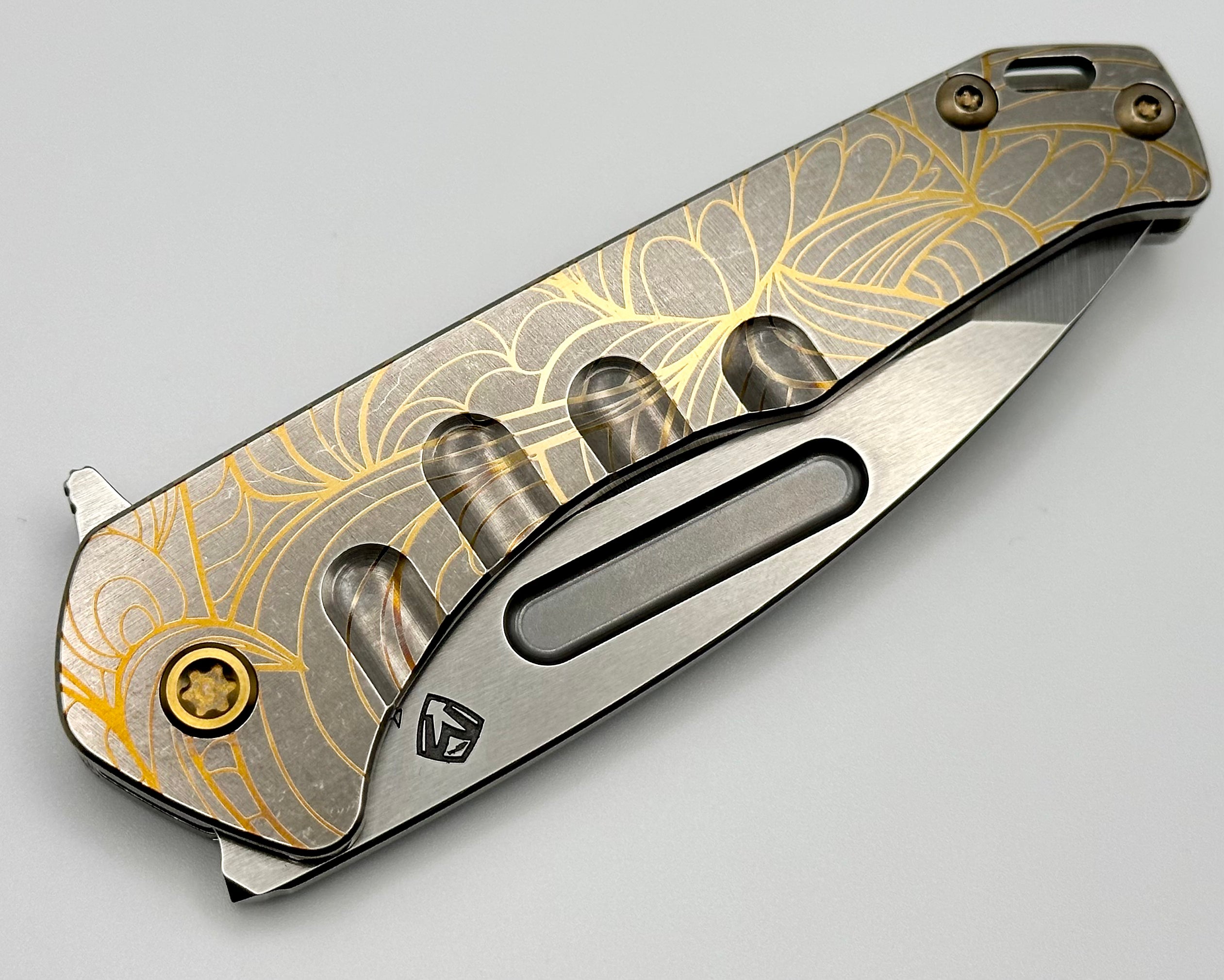 Premium Medford Praetorian Slim Flipper - S45VN Tanto Blade & Bronze Art Nouveau Engraved Handles