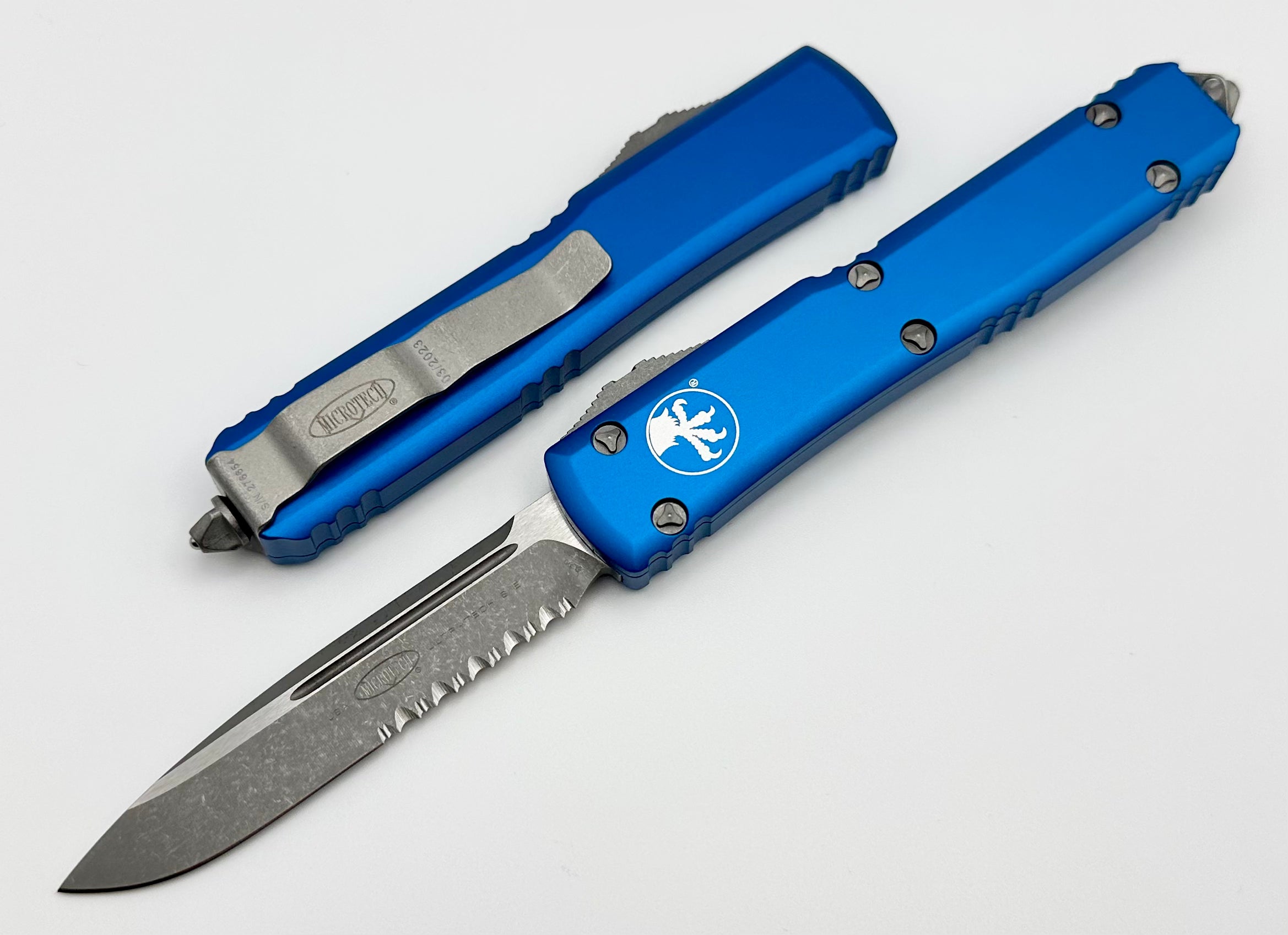 Microtech Ultratech Ultimate OTF Knife - Apocalyptic Partial Serrated & Blue