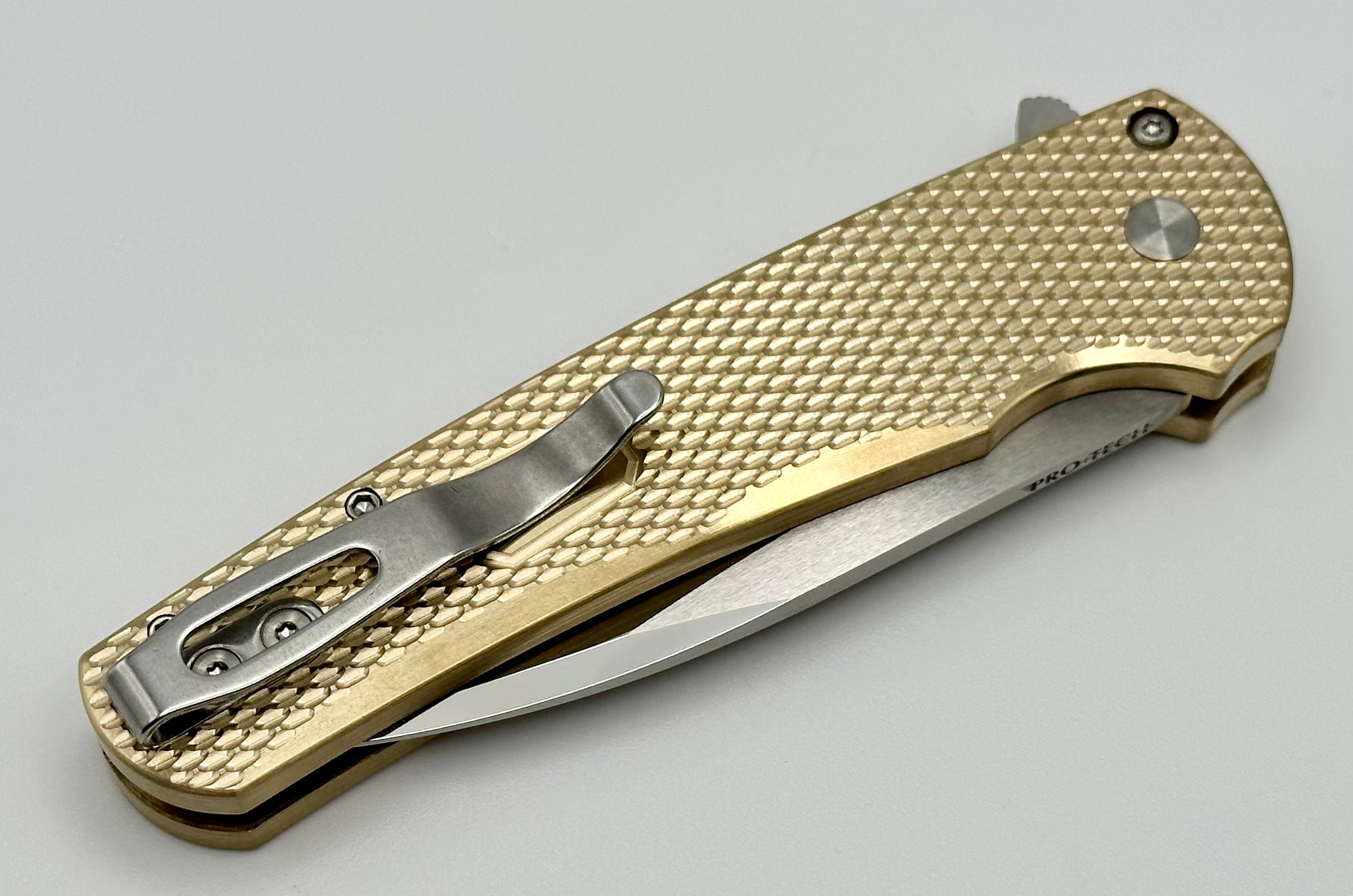 Premium Pro-Tech Malibu Folding Knife: Textured Bronze Handle with Mosaic Button & Mirror Polished Blade