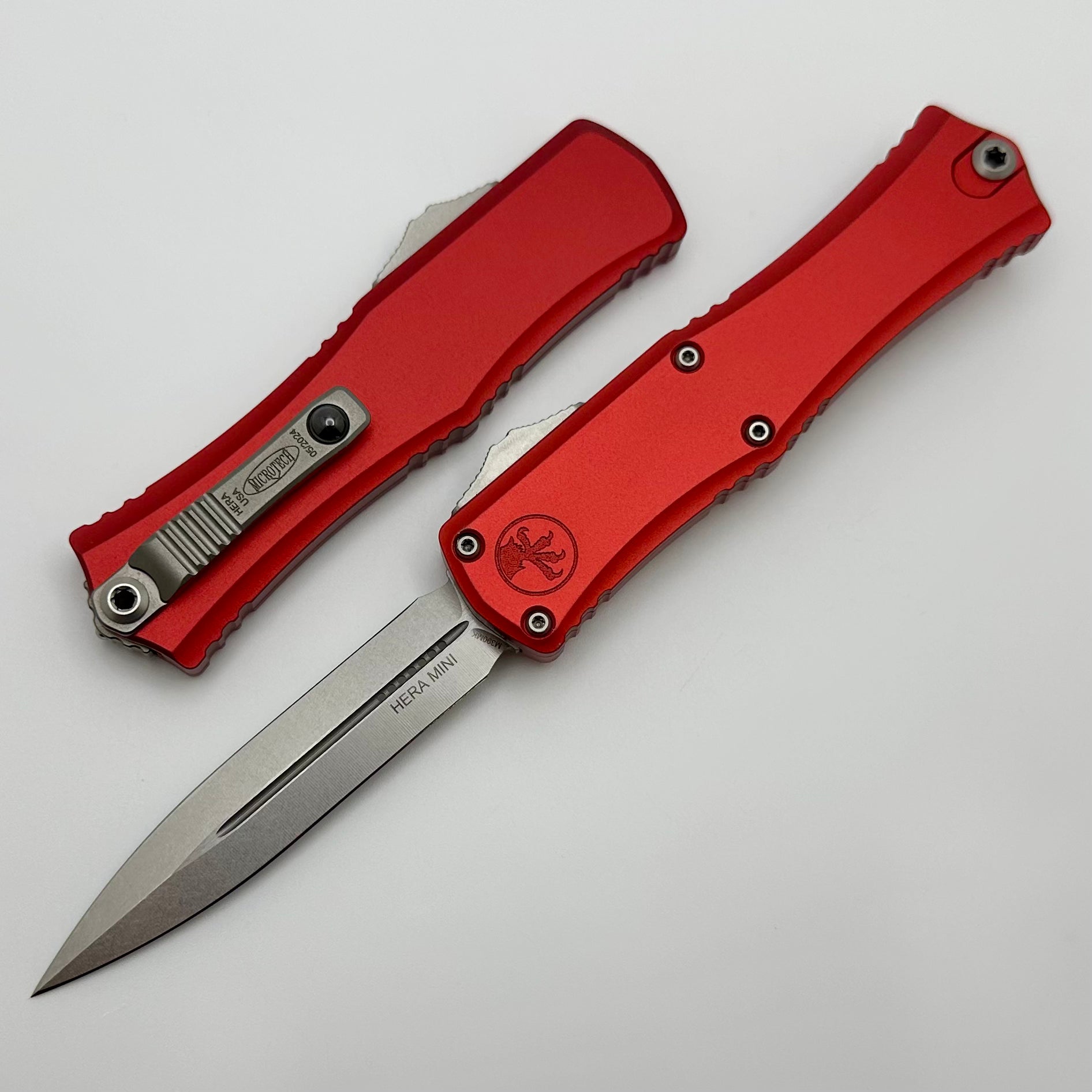 Premium Microtech Mini Hera OTF Knife - Red Aluminum Handle, Stonewash M390MK Blade