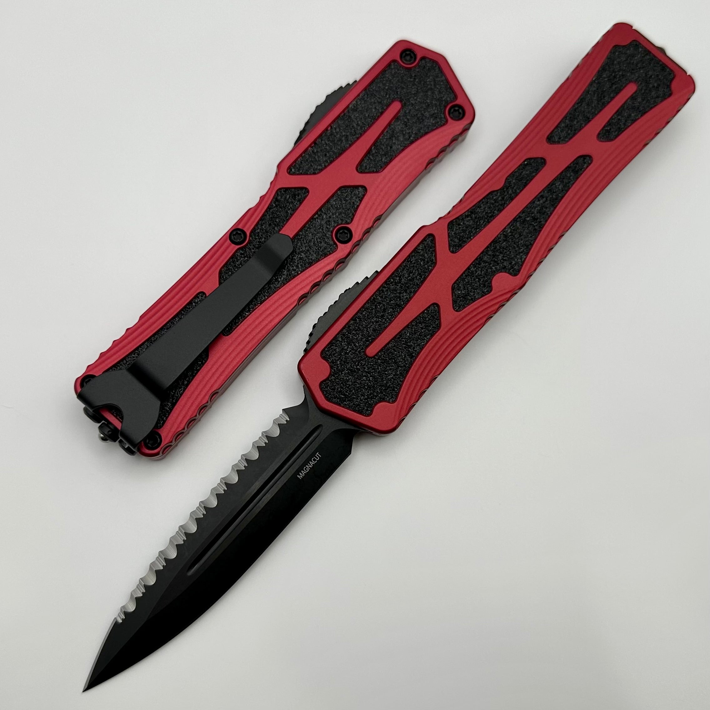 Heretic Knives Colossus DLC Double Edge Serrated Magnacut Tactical Knife - Red Aluminum Handle