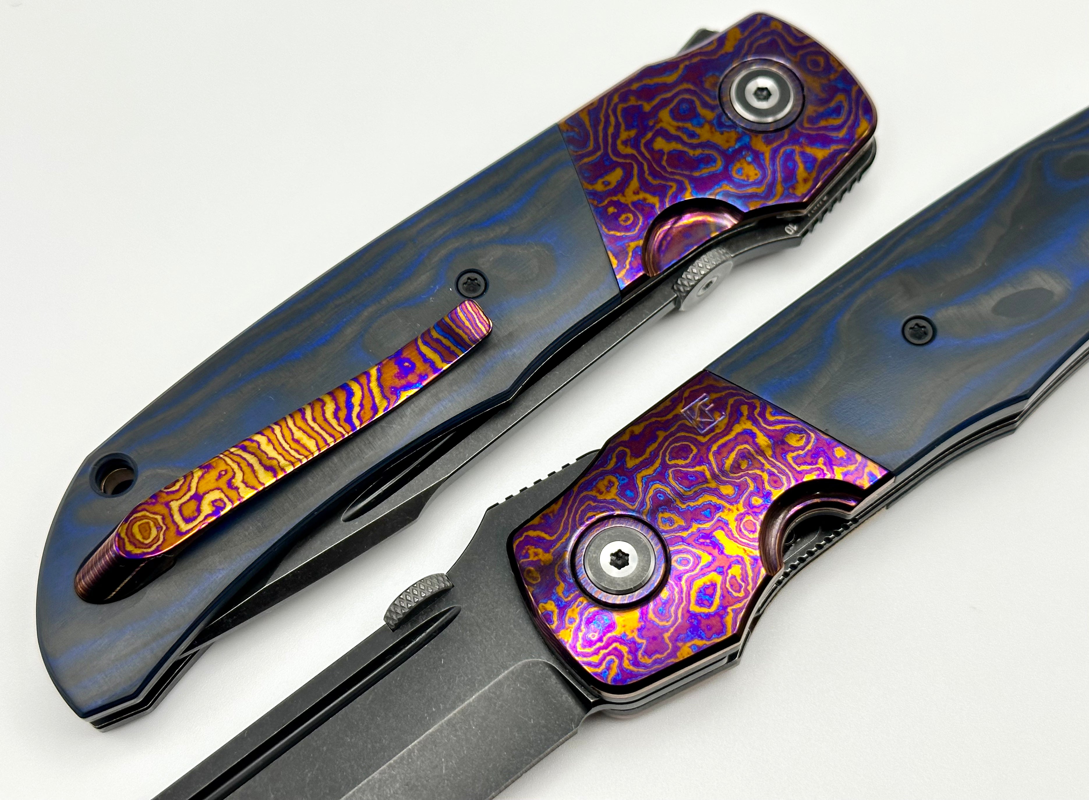 Premium Custom Knife Factory Eagle Rock - Timascus Bolsters & Blue/Black Carbon Fiber with S110V Blade