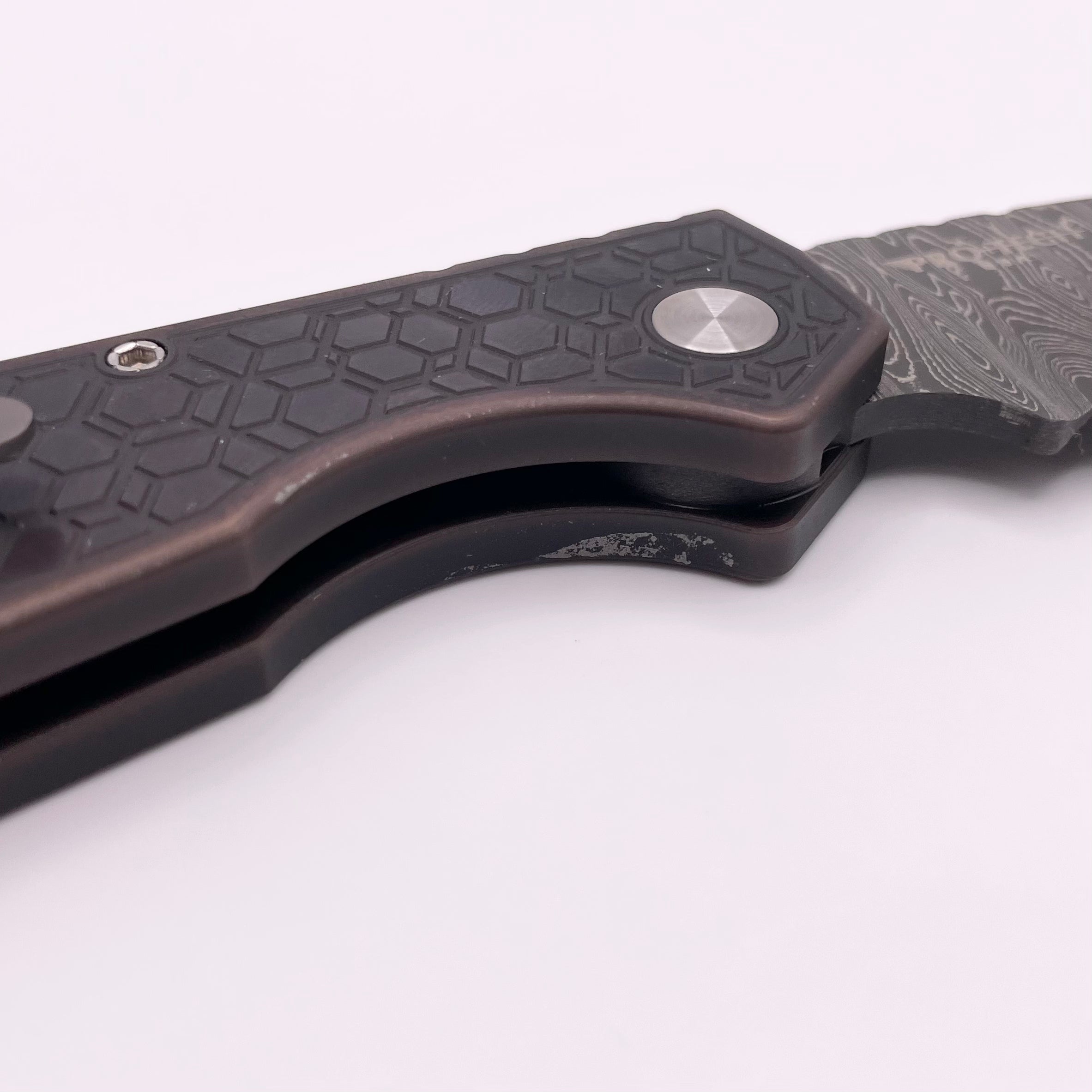 Premium Pre-Owned Pro-Tech PT Plus Antique PVD Knife with Mother of Pearl Button & Nichols Damascus Blade