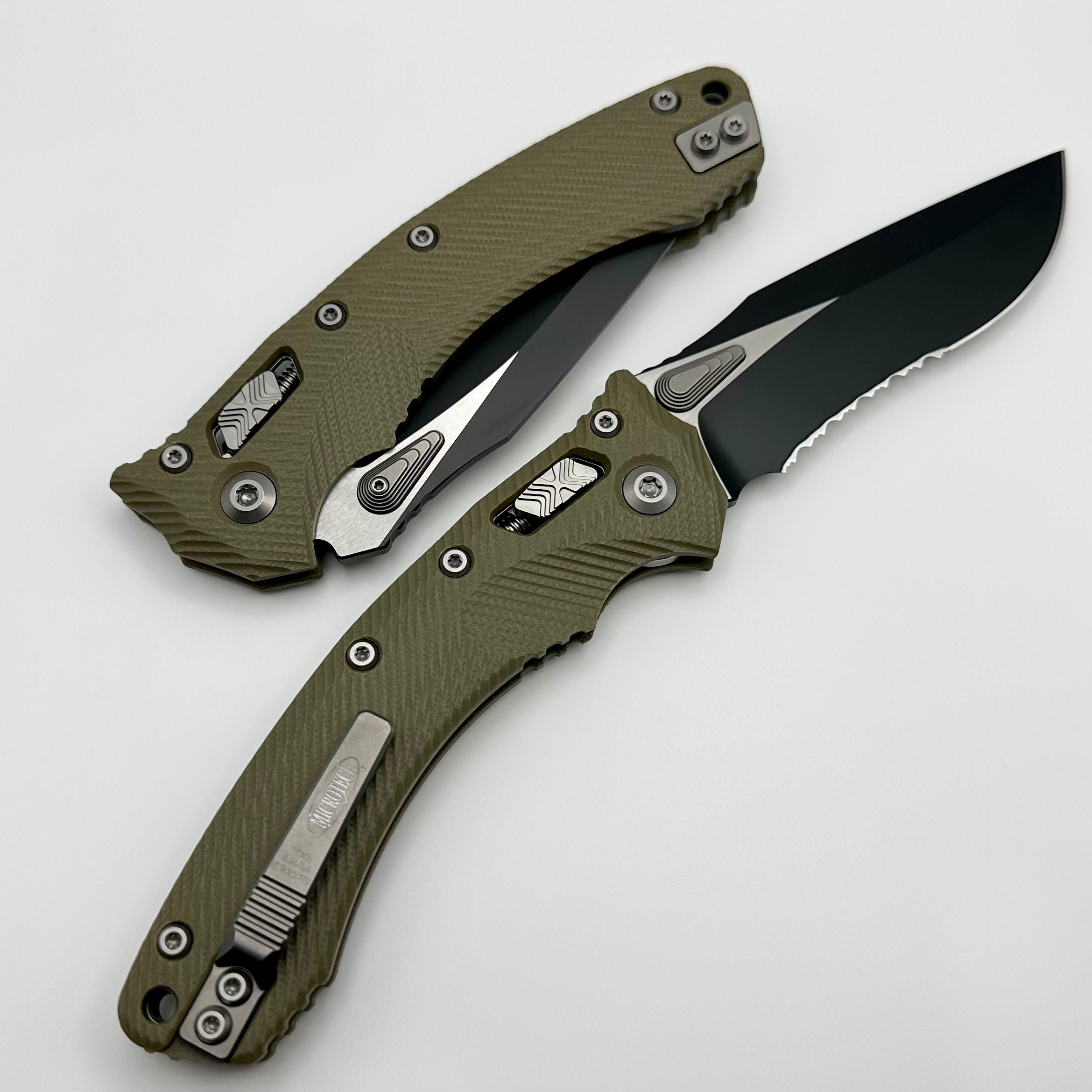 Microtech Amphibian RAM LOK Tactical Knife - OD Green Fluted G-10 Handle & Black Partial Serrated M390MK Blade