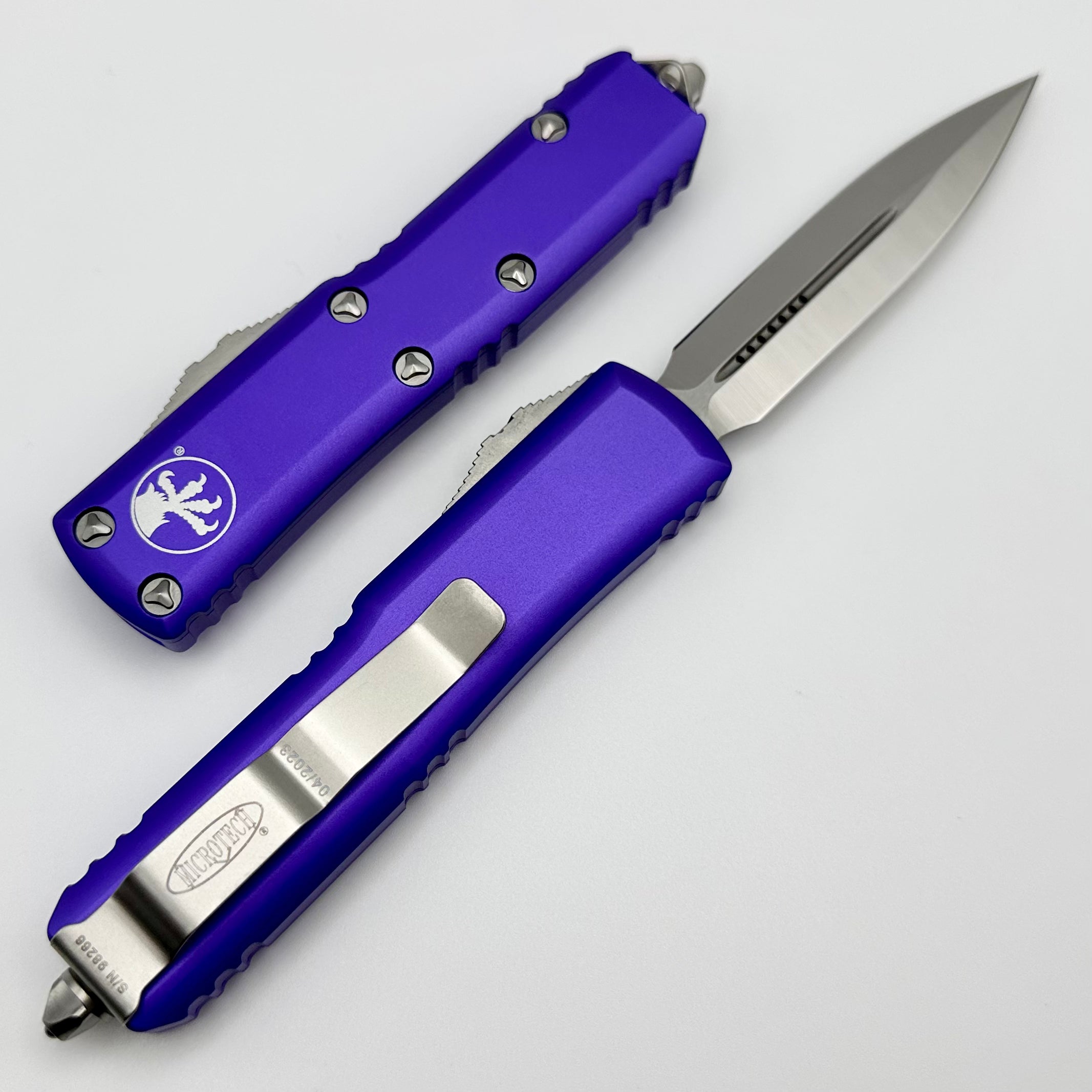 Premium Microtech UTX-85 Double Edge Satin & Purple Tactical Knife