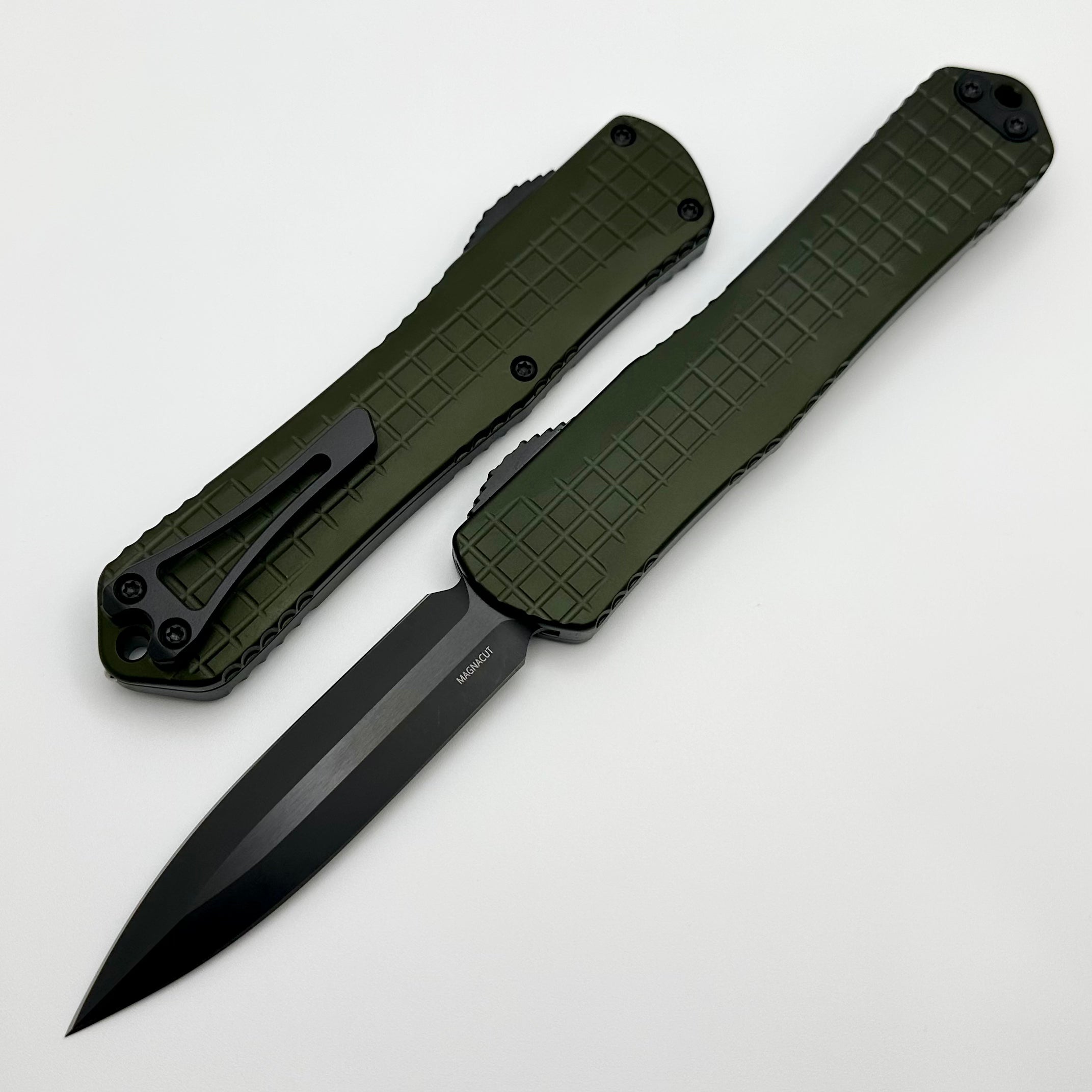 Heretic Knives Manticore X Premium OTF Knife - OD Green Frag Handle & DLC Double Edge MagnaCut