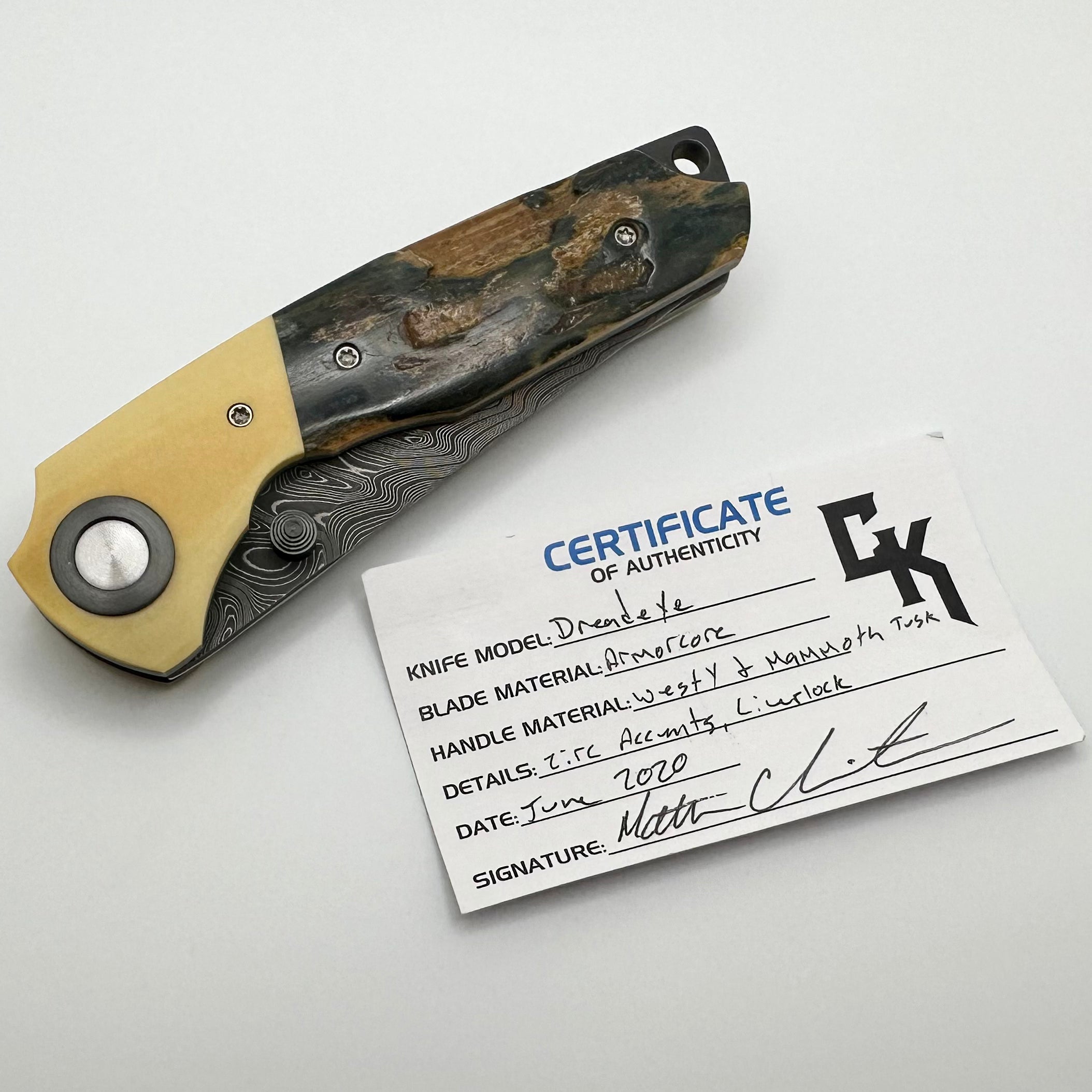 Premium Christensen Knifeworks Dreadeye Armorcore Knife with Westy & Mammoth Tusk Handles (Pre-Owned)