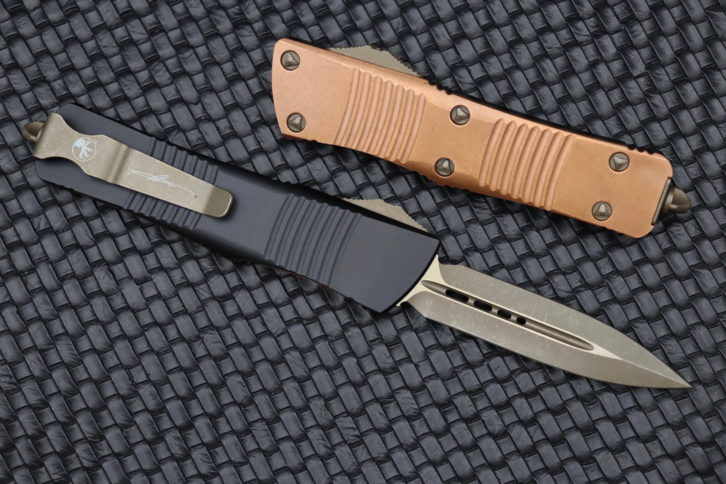 Microtech Troodon Bronze Double Edge & Copper Top Signature Series | Premium Compact OTF Knife