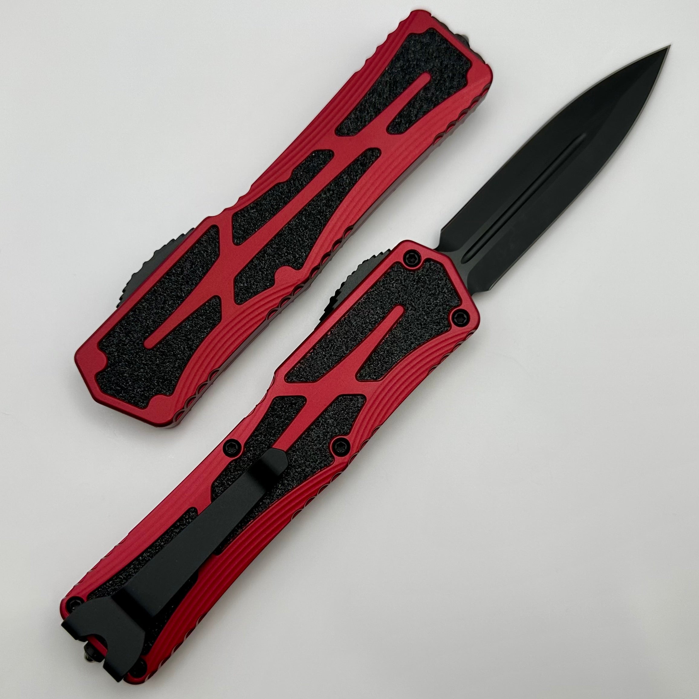 Premium Heretic Knives Colossus DLC Double Edge Magnacut Folding Knife - Red Aluminum Handle