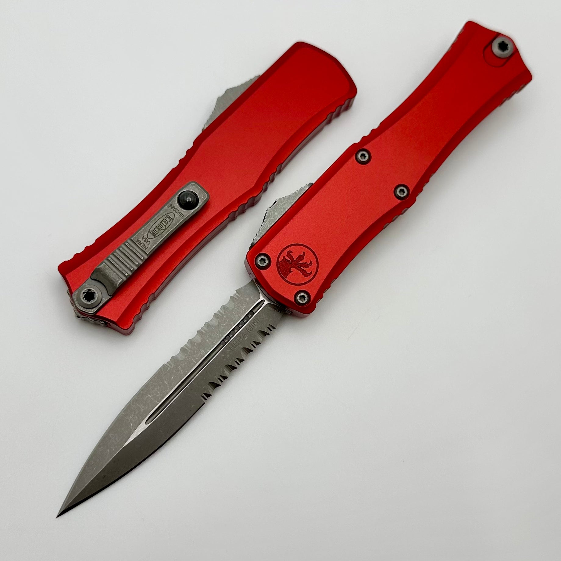 Microtech Mini Hera Apocalyptic Premium OTF Knife - M390MK Blade, Red Aluminum Handle