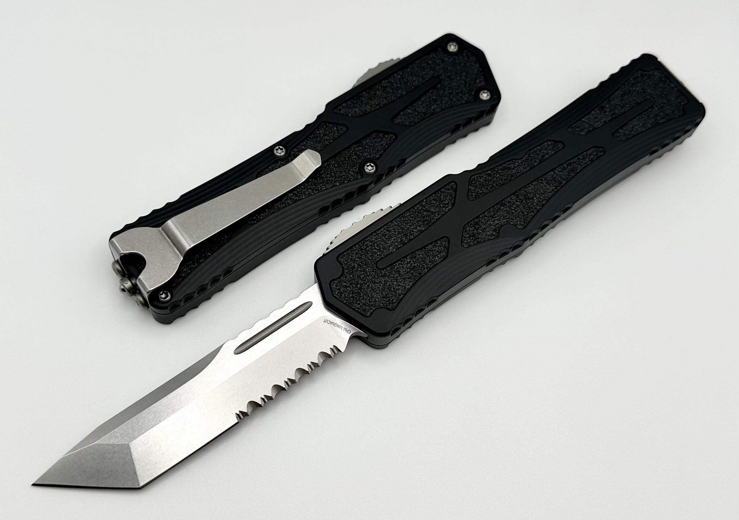 Heretic Knives Colossus Tanto: Premium Partial Serrated Magnacut Blade with Black Aluminum Handle