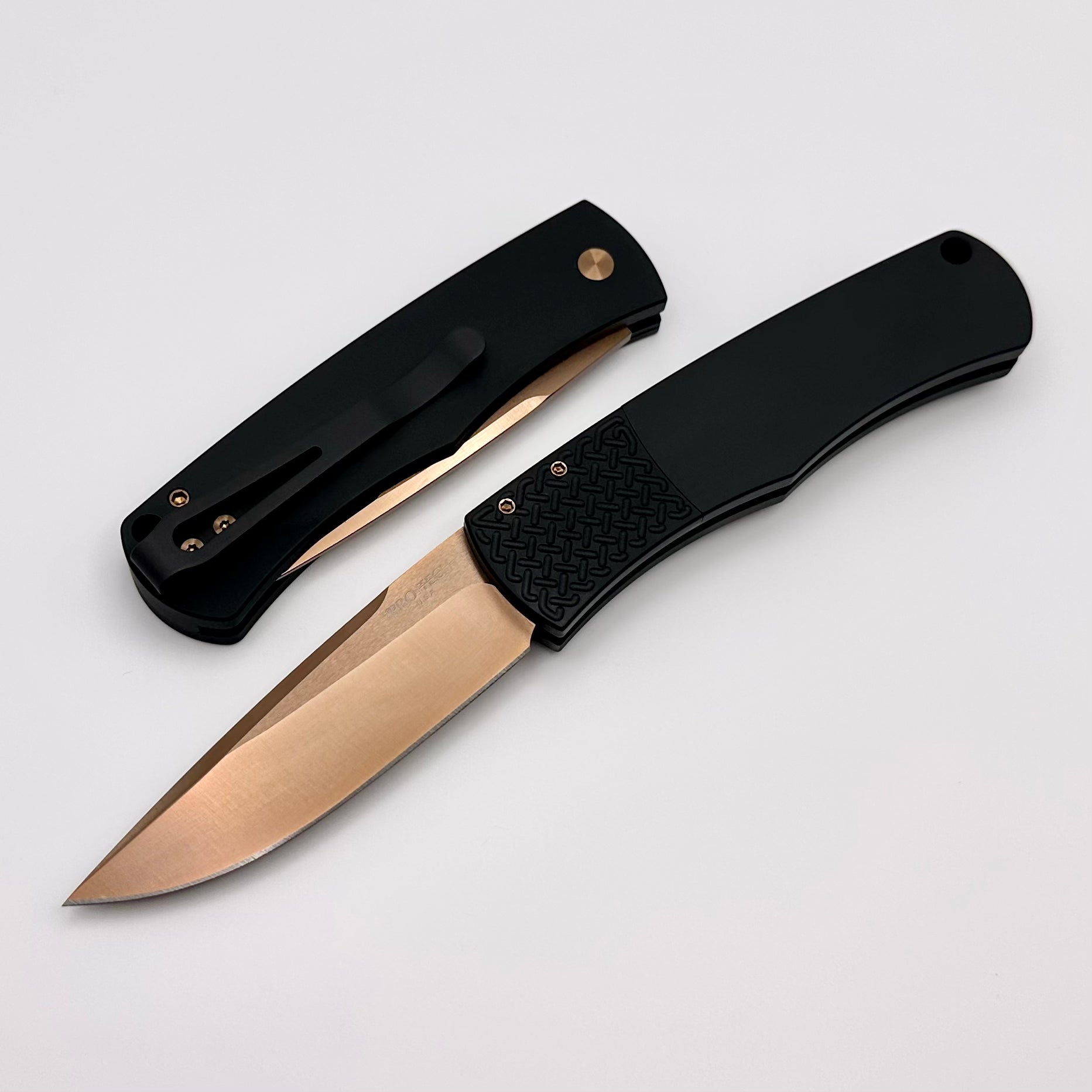 Premium Pro-Tech Whiskers Bolster Release Knife - Black Handle & Rose Gold Blade BR-1RG