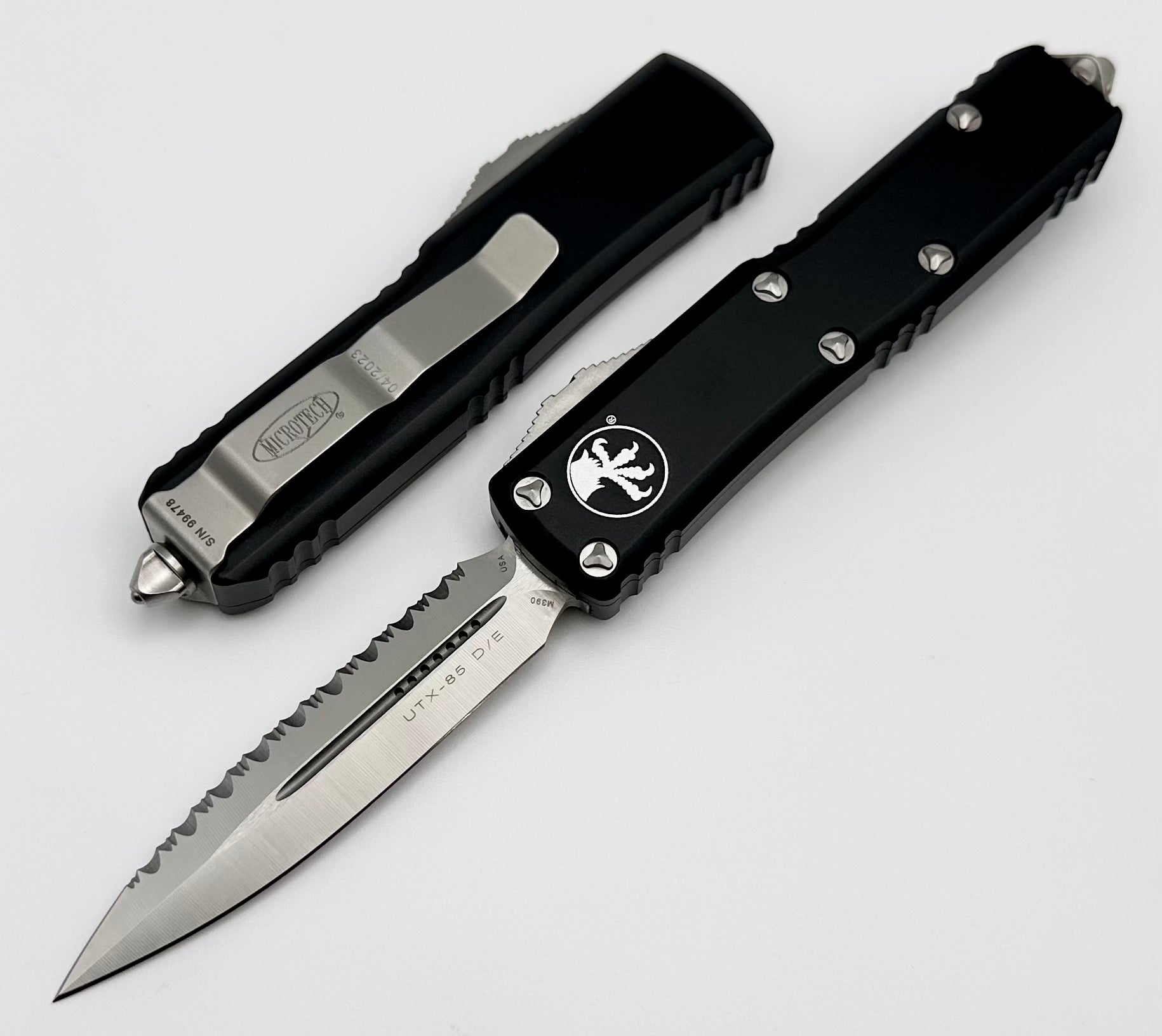 Microtech UTX-85 Premium EDC Knife - Double Edge Satin Full Serrated & Black