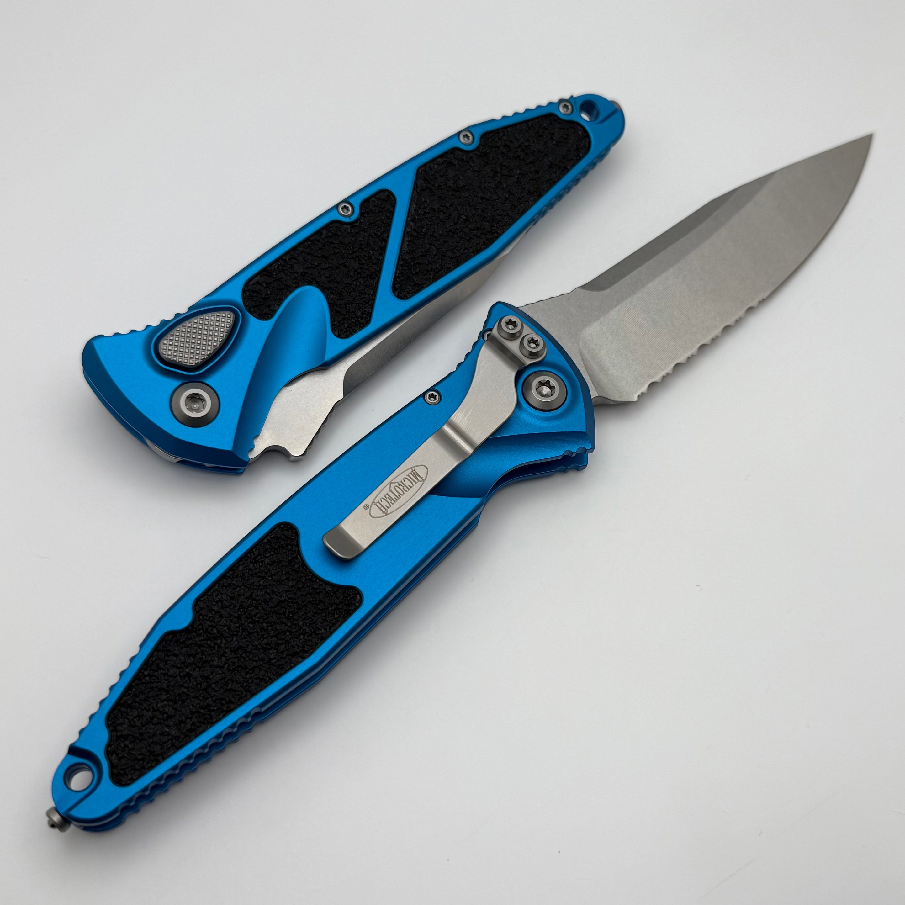 Microtech Socom Elite Auto Tactical Knife - Blue Handle, Stonewash Part Serrated Blade