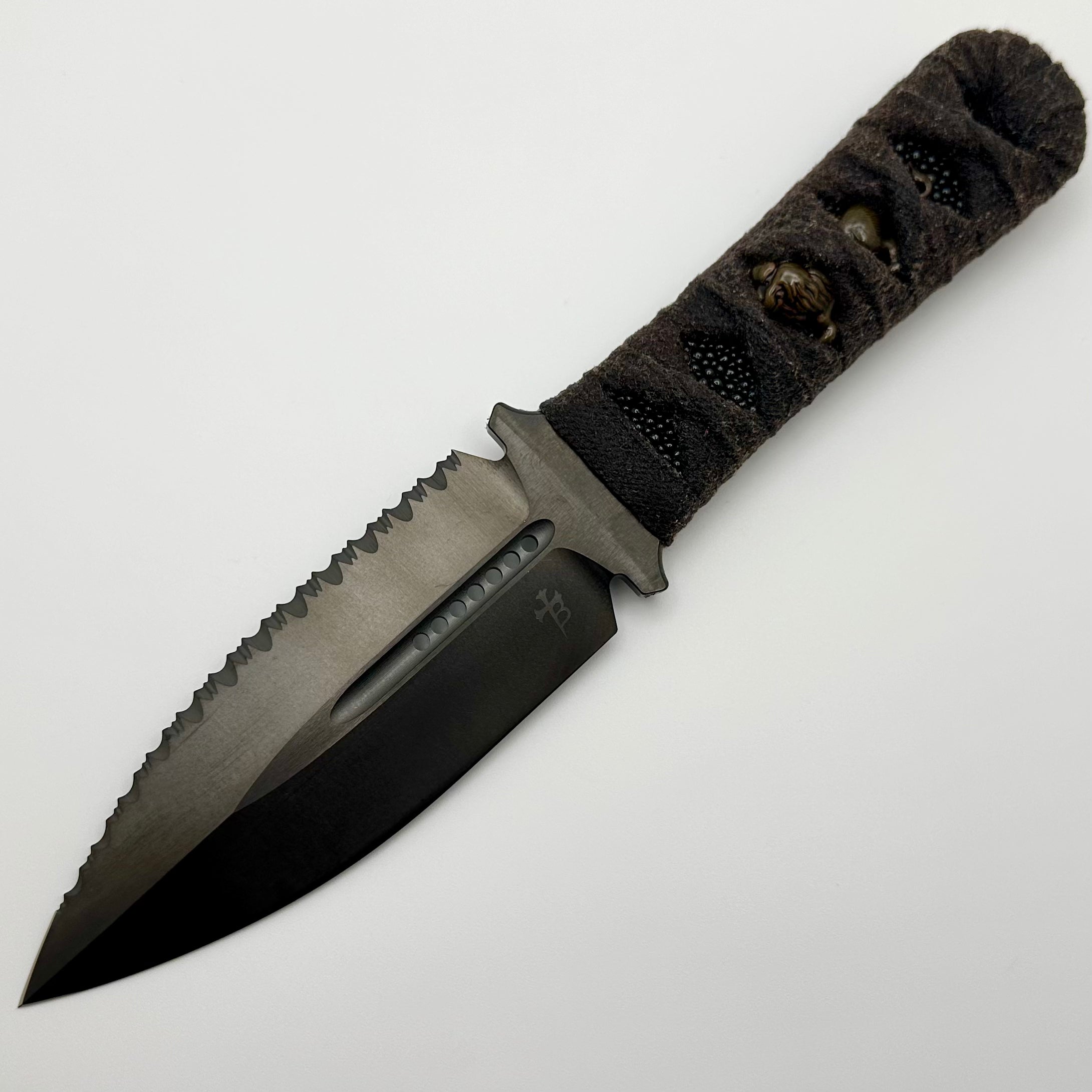 Premium Microtech SBD DLC Serrated Blade with Hand-Wrapped Menuki Inlaid Handle