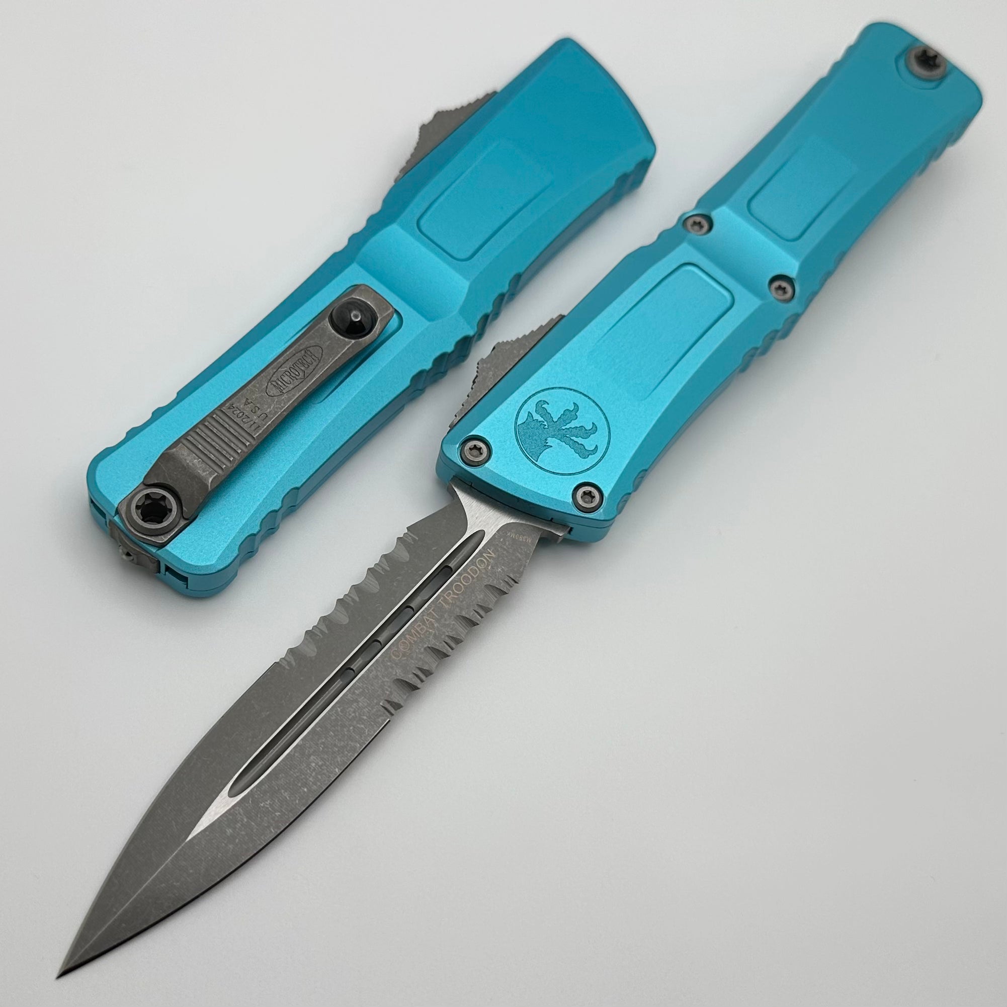 Microtech Combat Troodon Gen III Apocalyptic Tactical Knife - Turquoise Handle, Partial Serrated D/E