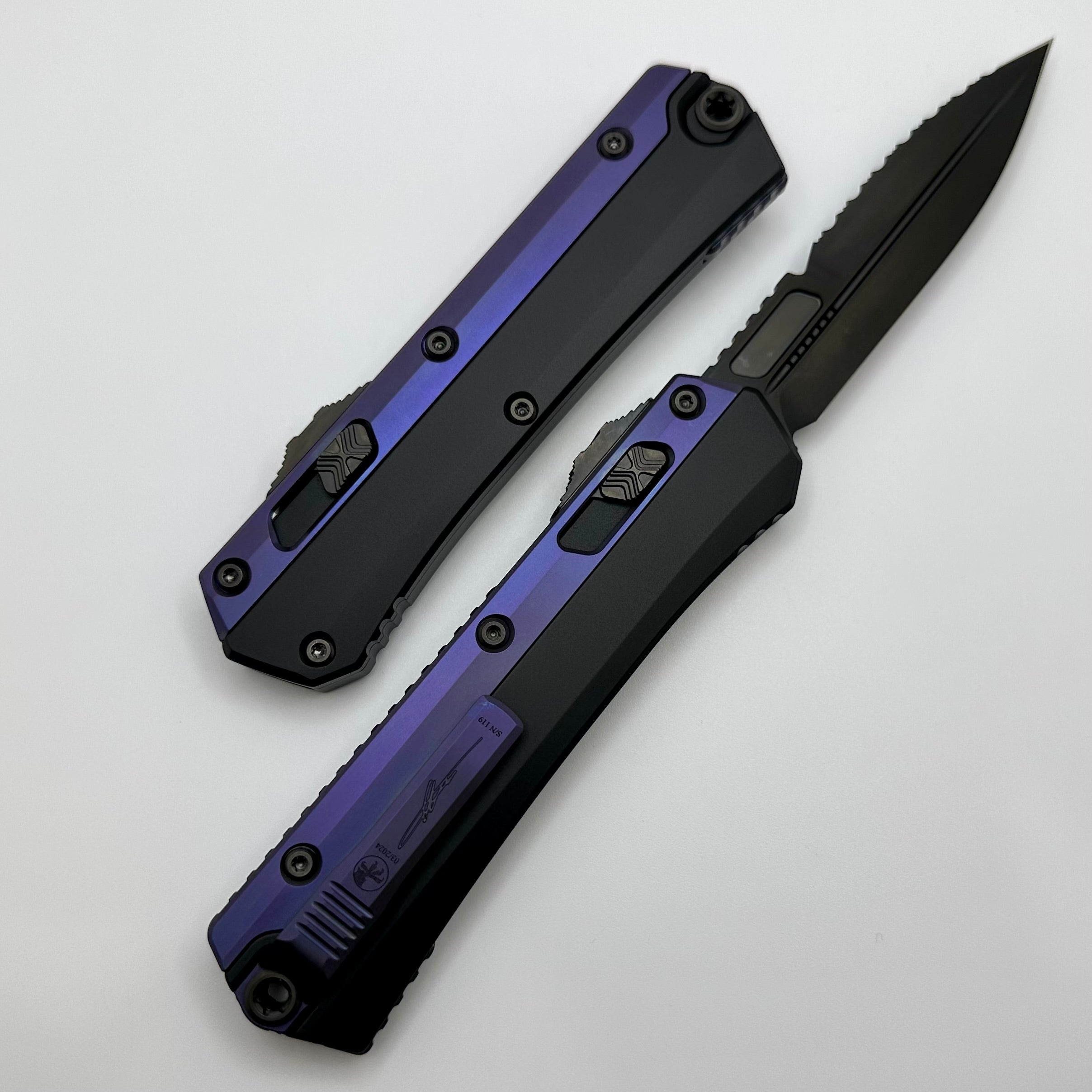 Premium Microtech Glykon DLC Bayonet Knife with Purple Anodized Accents - Signature Series