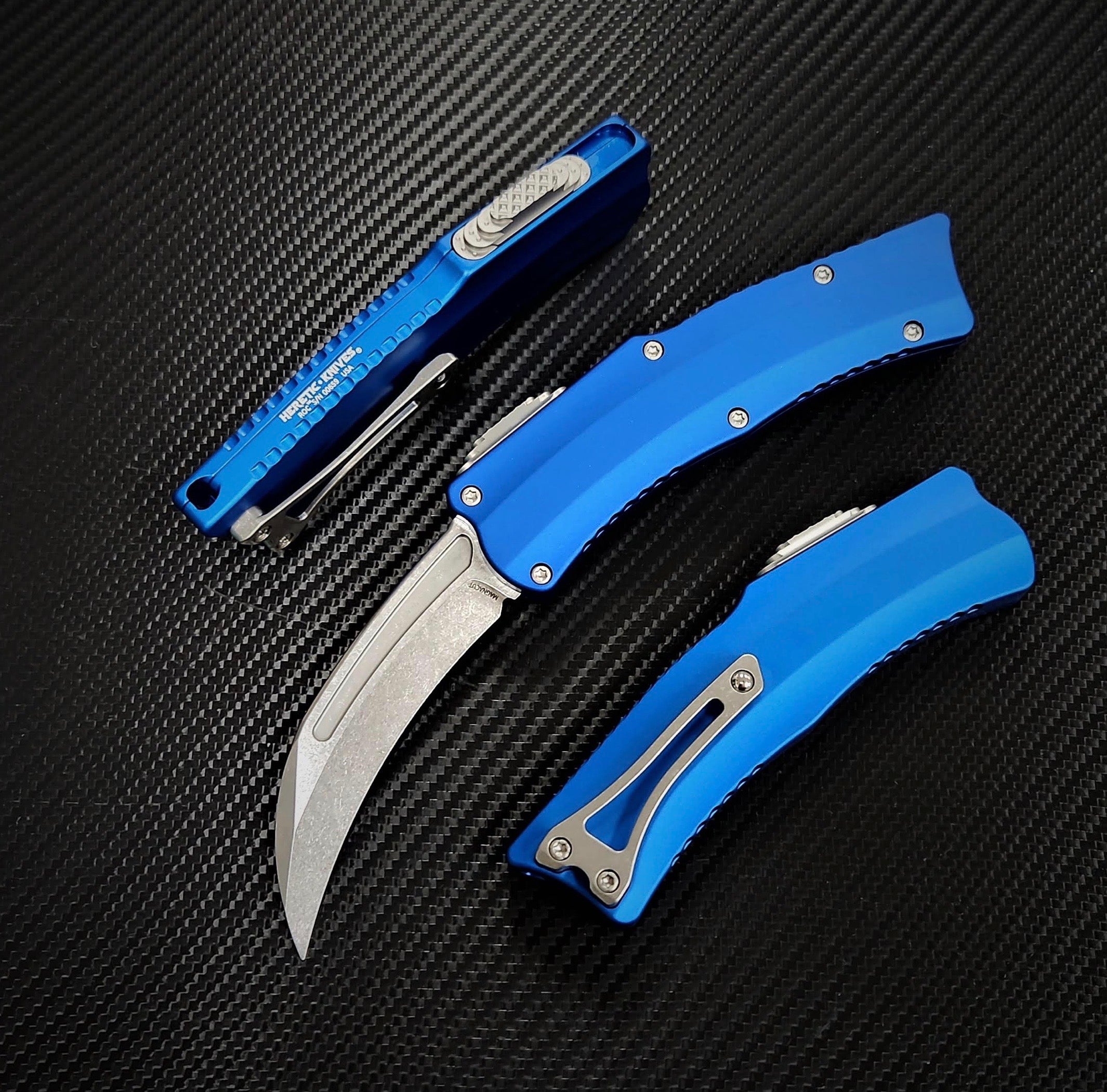 Heretic ROC Premium Folding Knife with Stonewash Magnacut Blade & Blue Handle