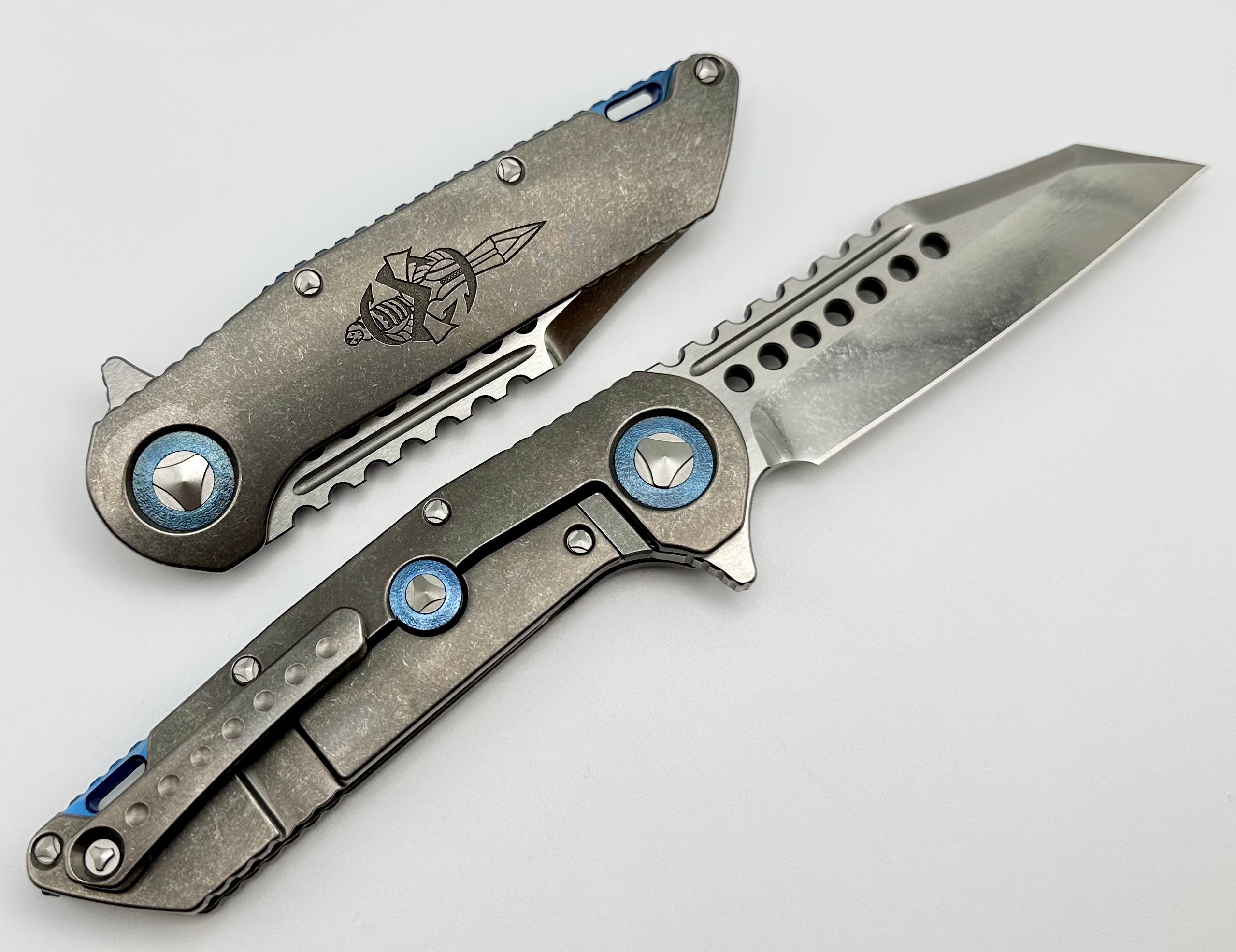 Marfione Custom Warhound Titanium Knife - Premium Stonewash Finish with Deep Engraved Dagger Relief & Blue Accents