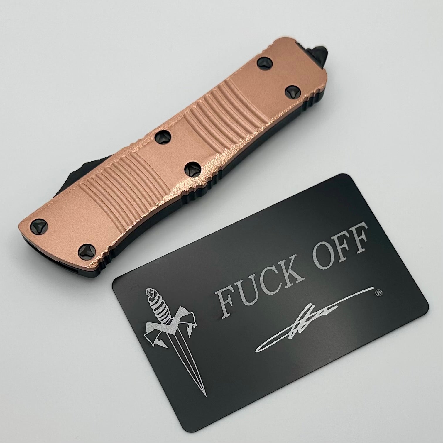 Premium Microtech Troodon D/E Stippled Copper Top with DLC Full Serrated Edge - Ultimate Utility Knife