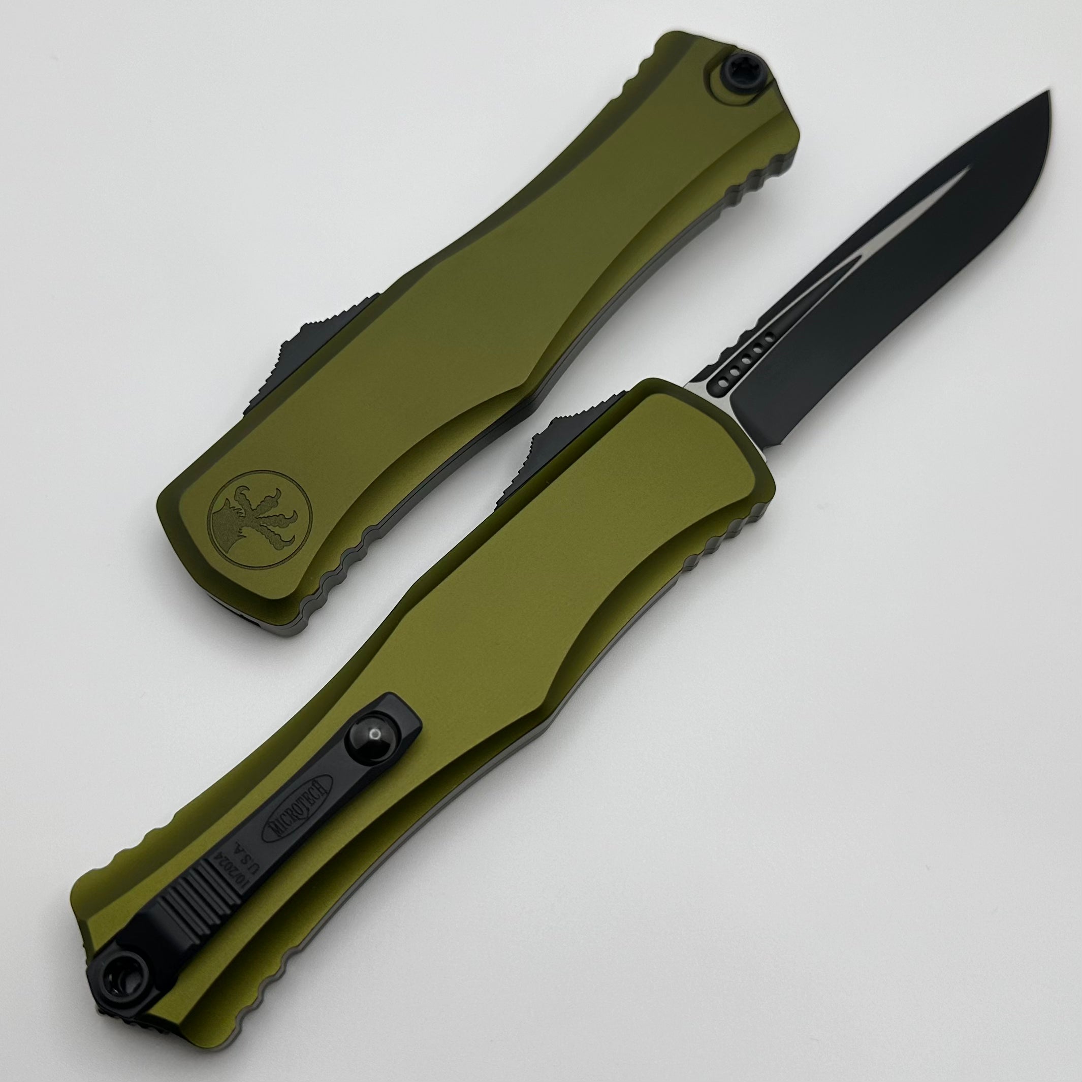 Microtech Hera II Premium OTF Knife - Black Recurve with OD Green Handle