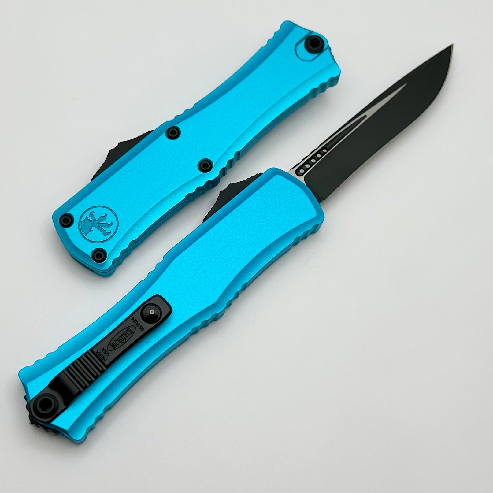 Microtech Mini Hera Premium OTF Knife - Black Recurve Blade with Turquoise Handle