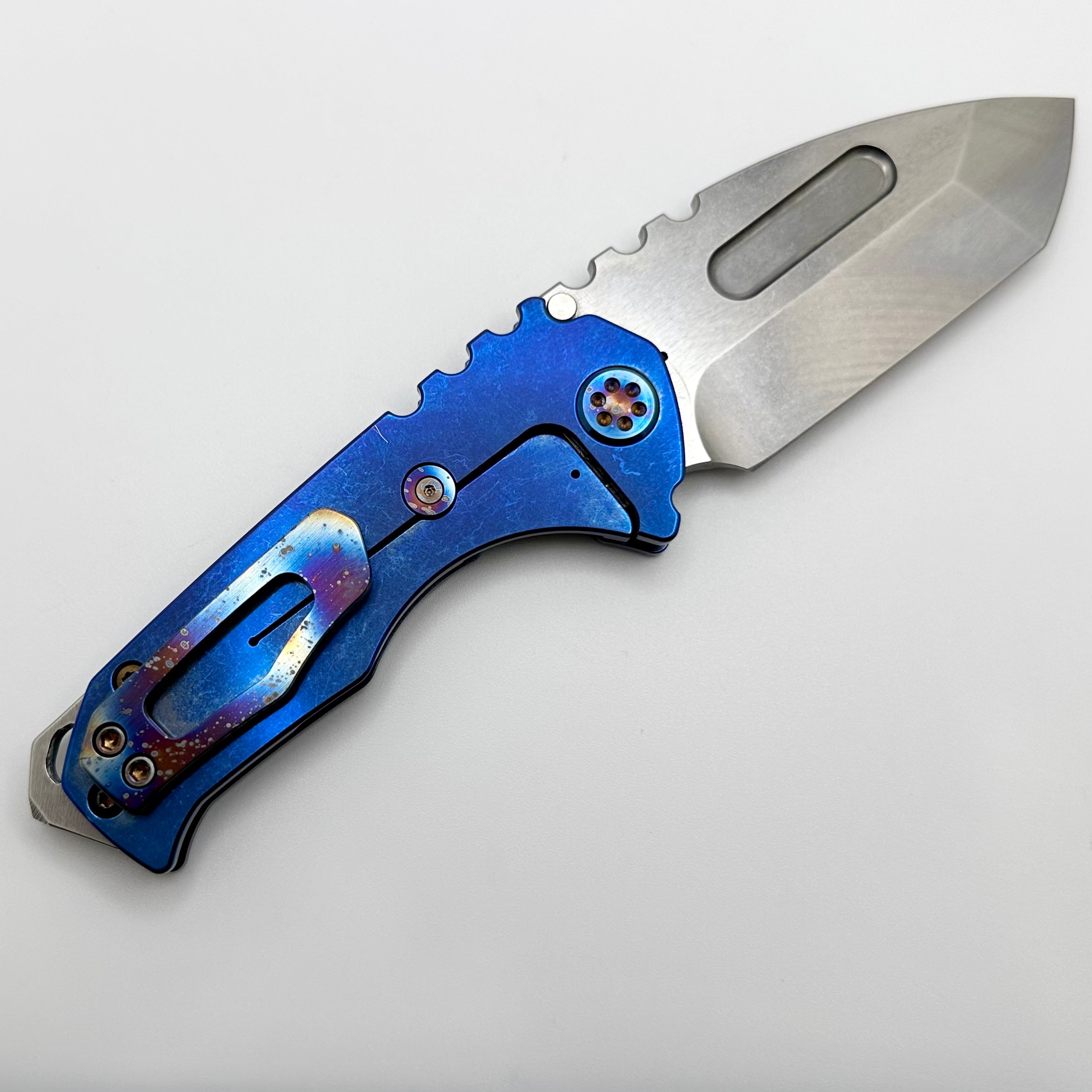 Medford Praetorian Genesis T Blue Tumbled Handles - Premium Folding Knife with Flamed Hardware & Galaxy Clip